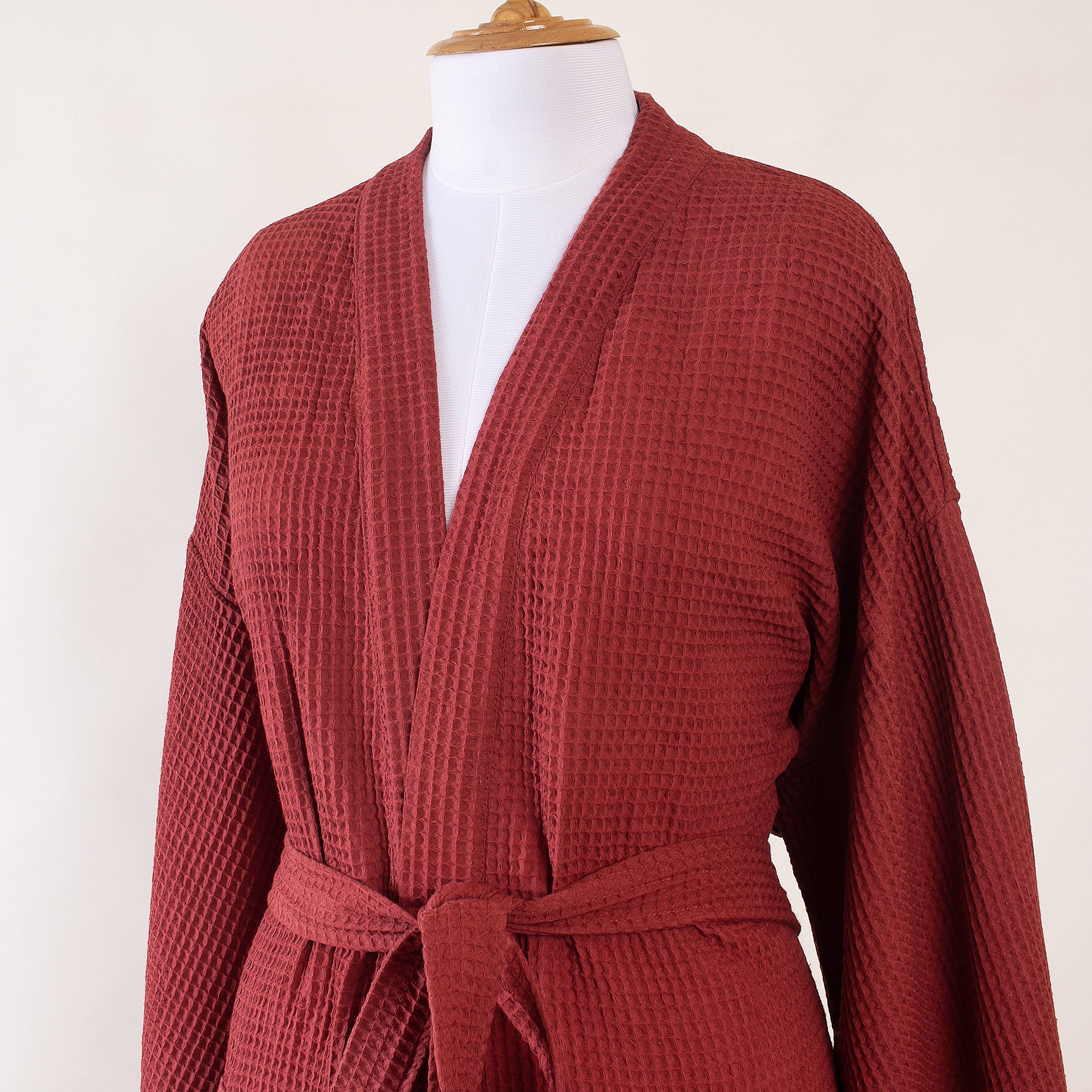 Organic Solid Maroon Indian Cotton Waffle Bathrobes with Pockets