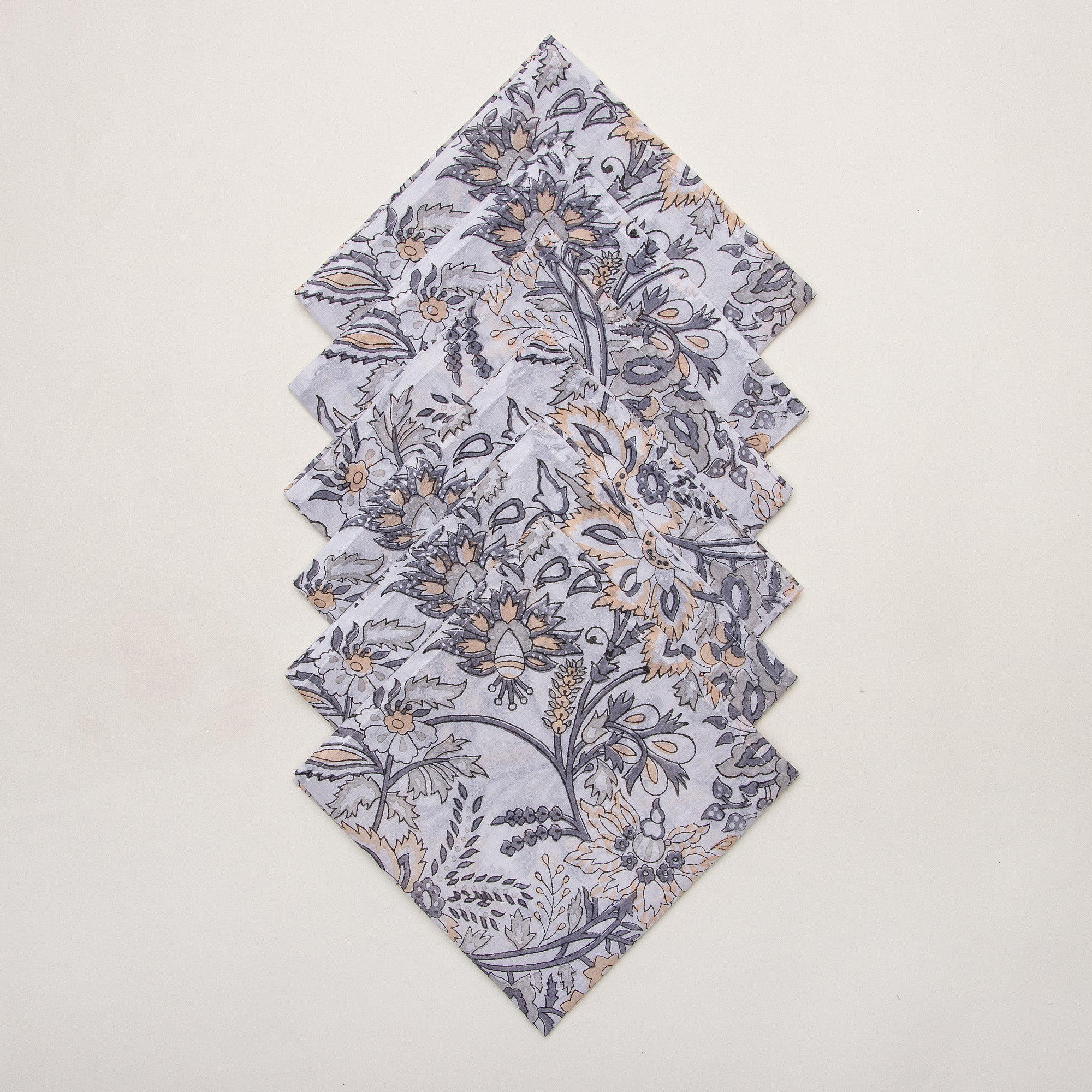 Beautiful Gray Floral Pure Cotton Indian Hand Blocked Border Dinner Napkin Cloth