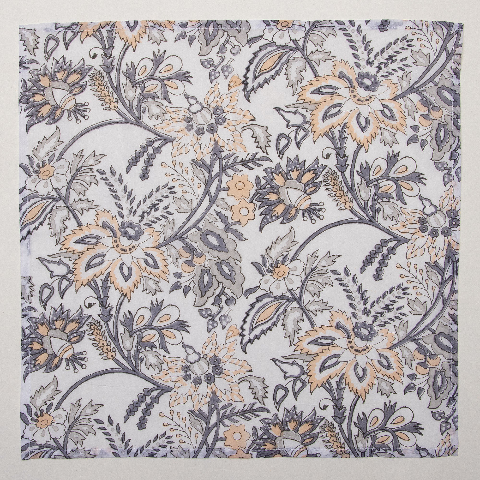 Beautiful Gray Floral Pure Cotton Indian Hand Blocked Border Dinner Napkin Cloth