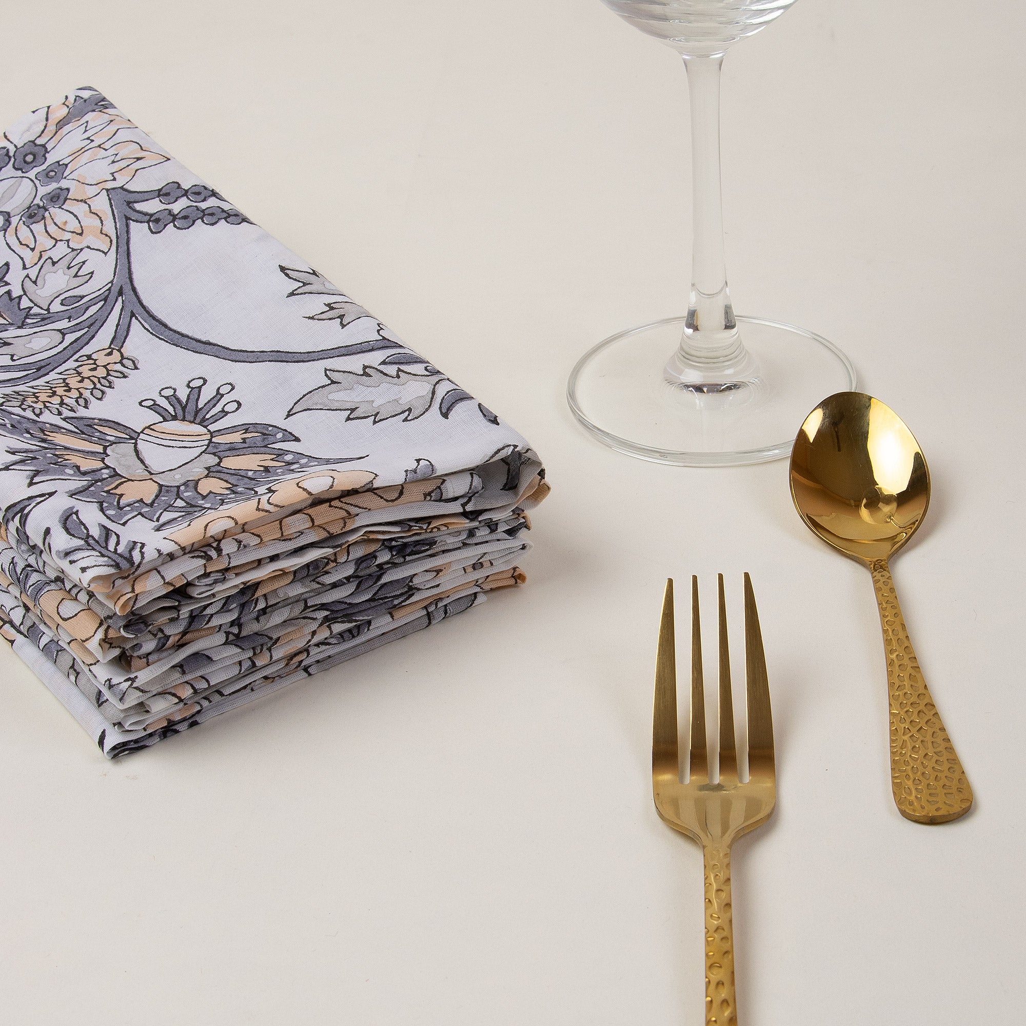 Beautiful Gray Floral Pure Cotton Indian Hand Blocked Border Dinner Napkin Cloth