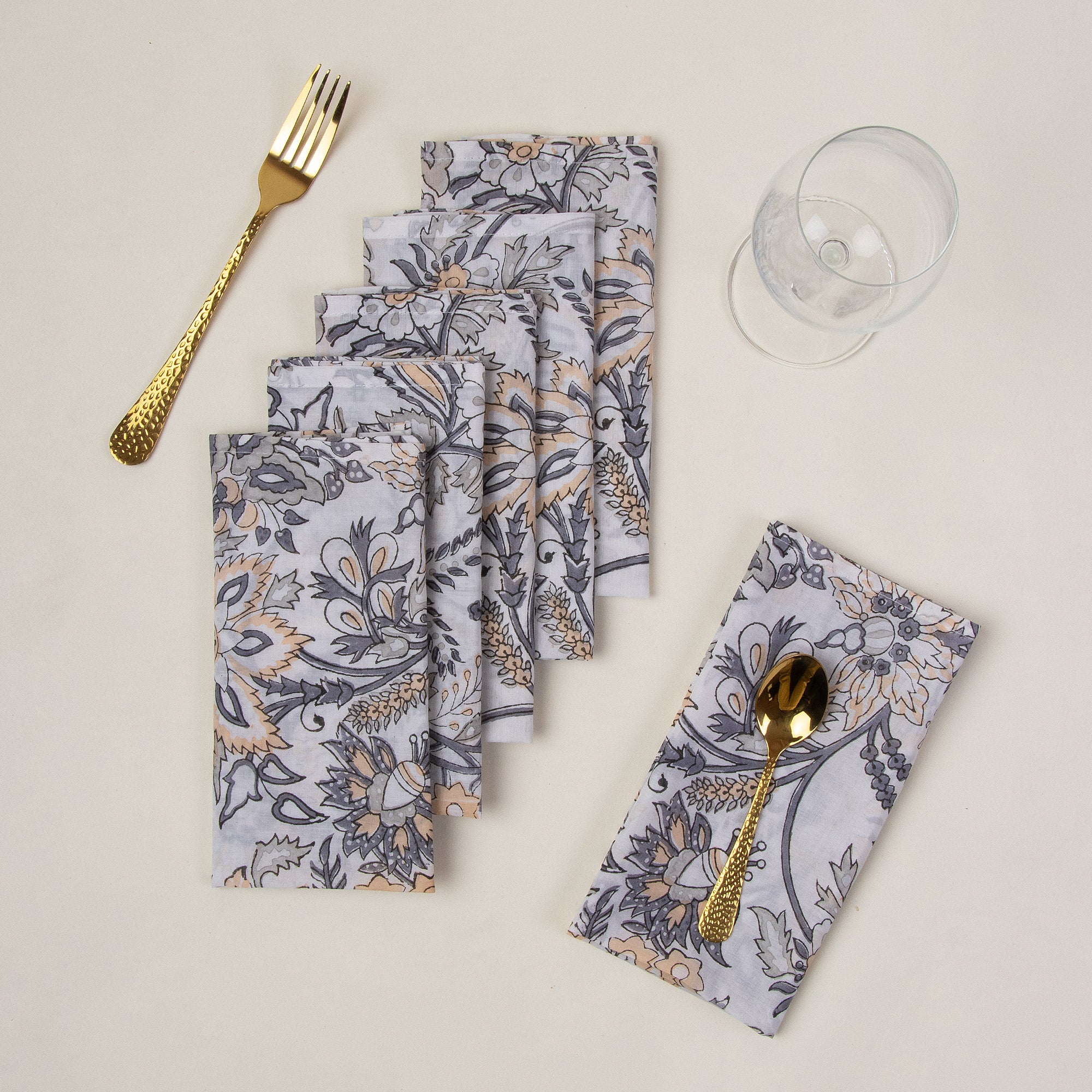 Beautiful Gray Floral Pure Cotton Indian Hand Blocked Border Dinner Napkin Cloth