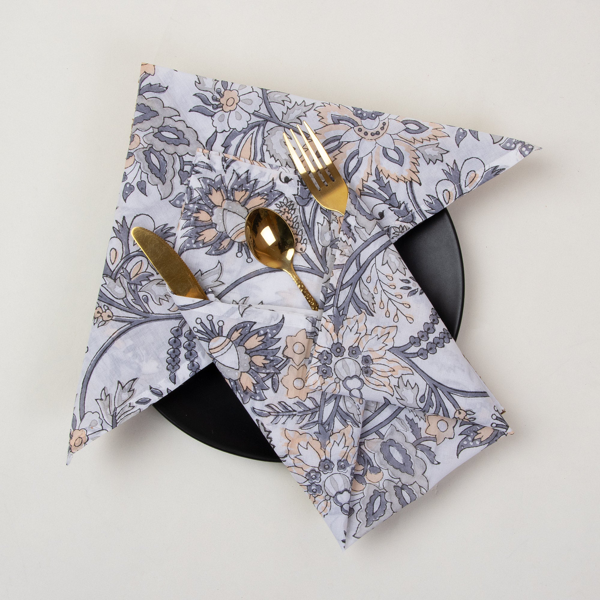 Beautiful Gray Floral Pure Cotton Indian Hand Blocked Border Dinner Napkin Cloth