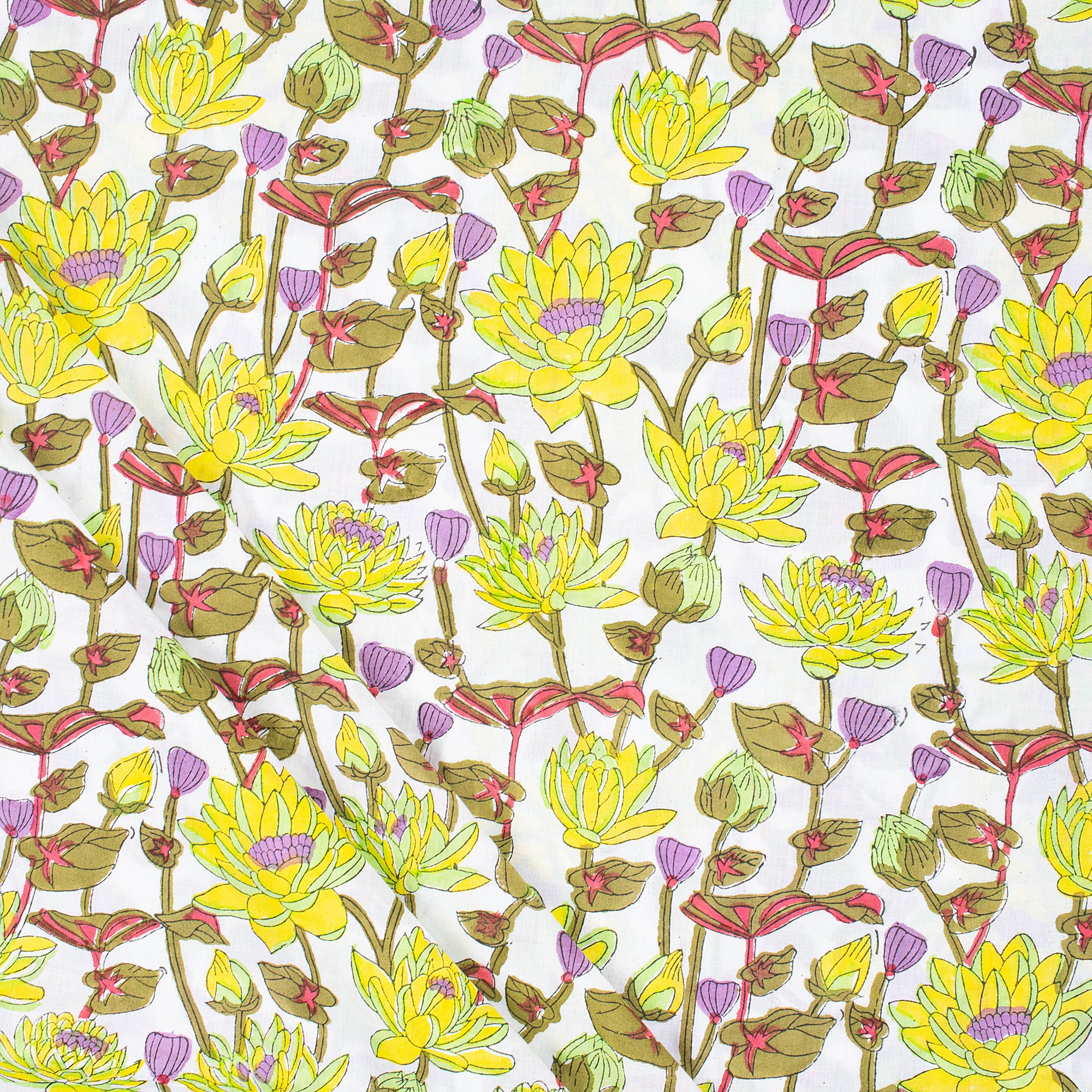 Beautiful Yellow Floral Hand Block Printed Cotton Fabric