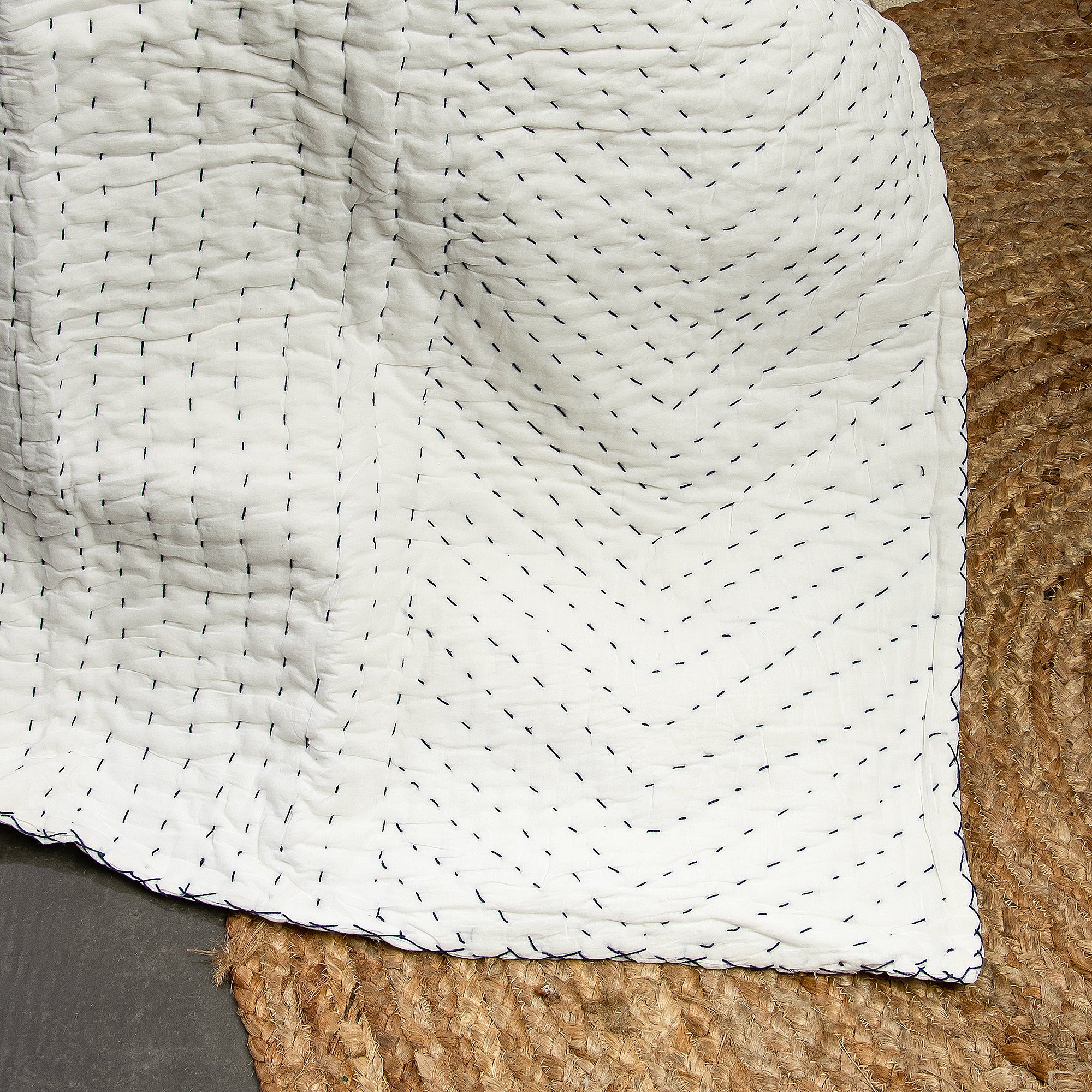 Best White Hand Stitiched Kantha Cotton Quilt Blanket