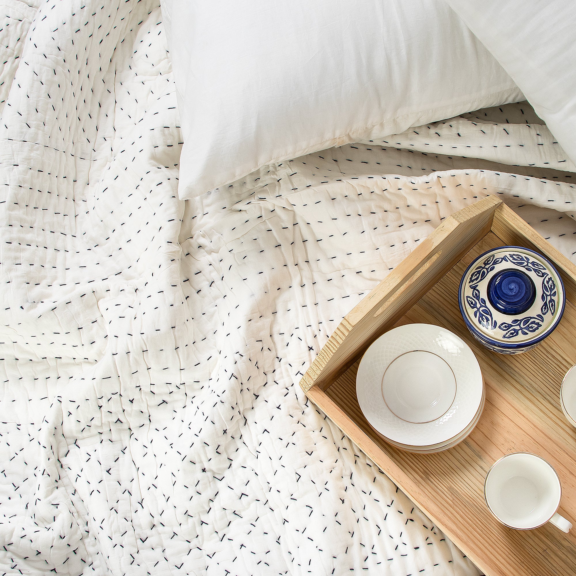 Best White Hand Stitiched Kantha Cotton Quilt Blanket