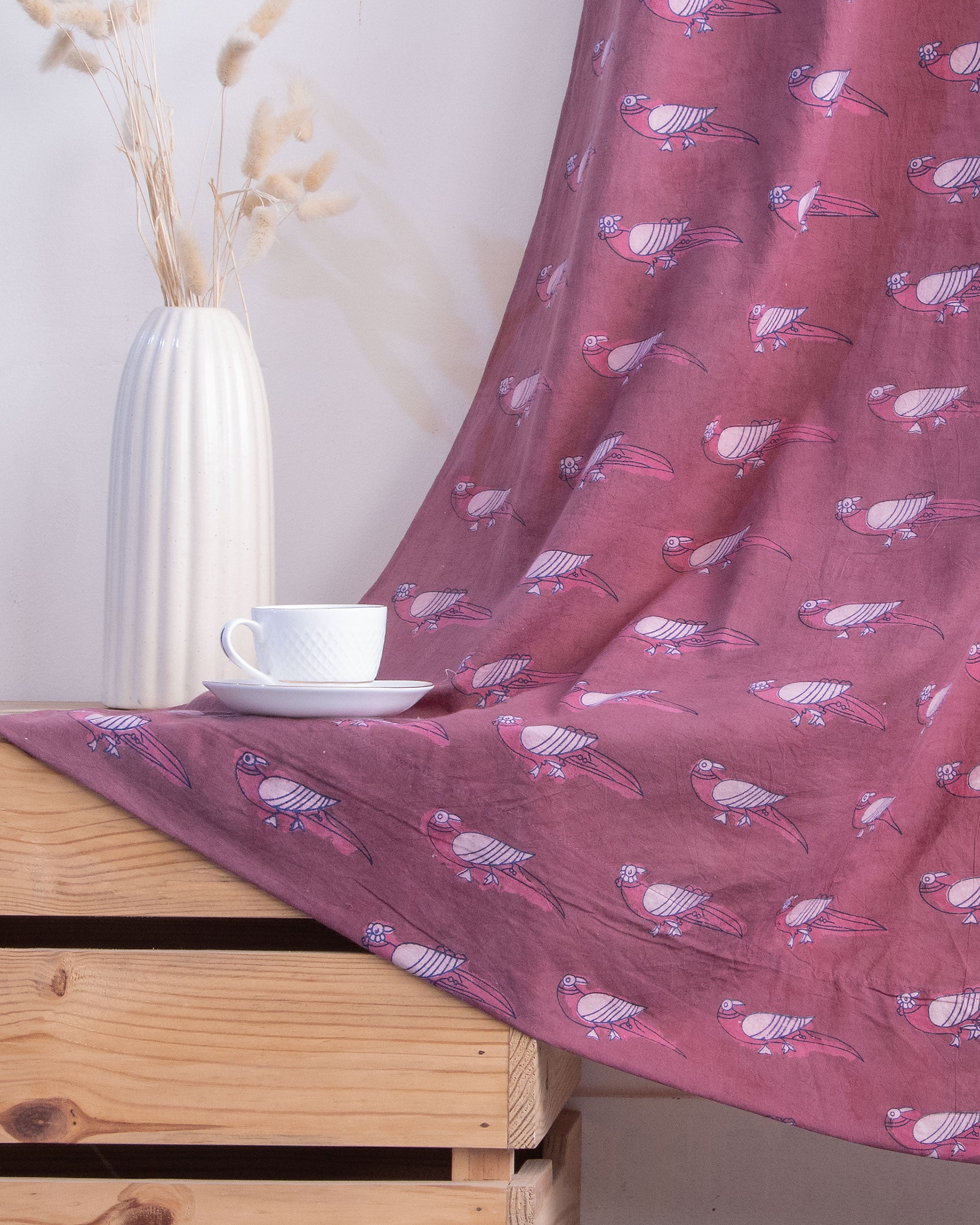 Bird Block Print Cotton Bedroom Curtains