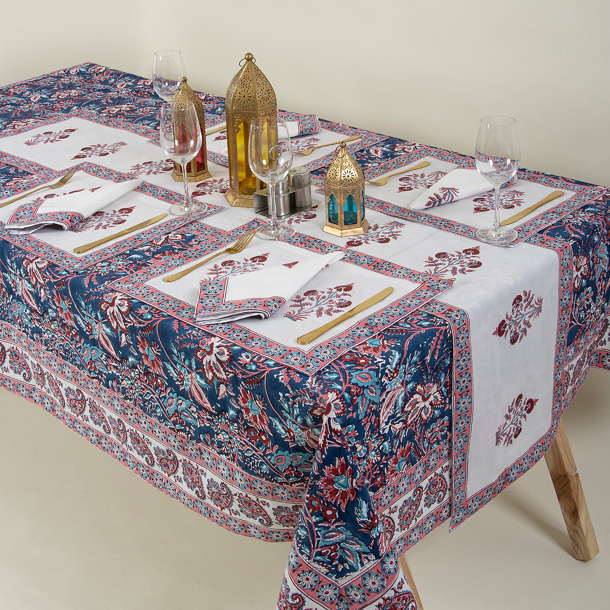 Block Printed Blue Floal Pure Cotton Outdoor Table Covers