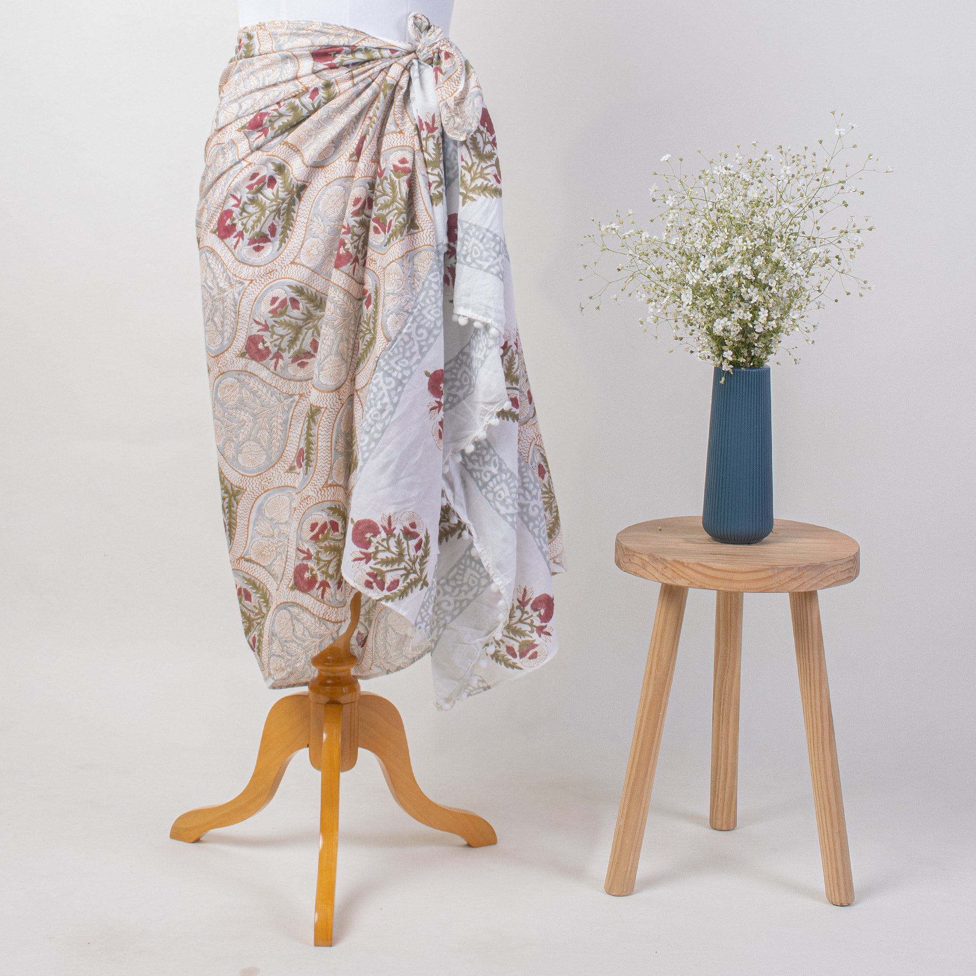 Block Printed Indian Cotton Red Boota Sarong For Ladies