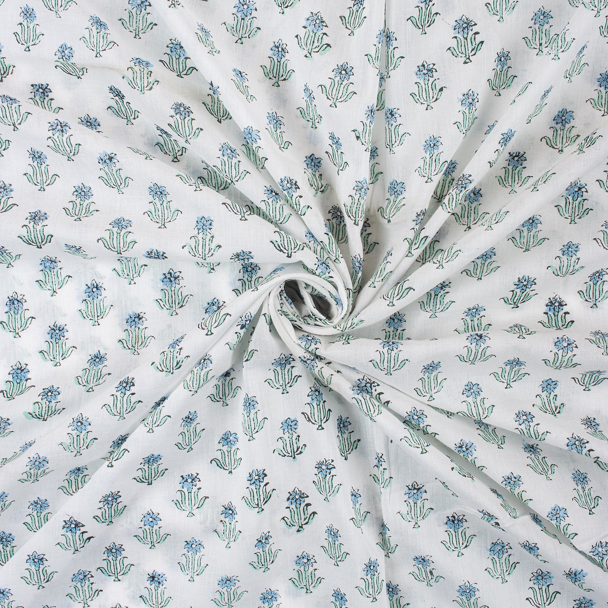 Blue Booti Block Printed Pure Cotton Indian Fabric