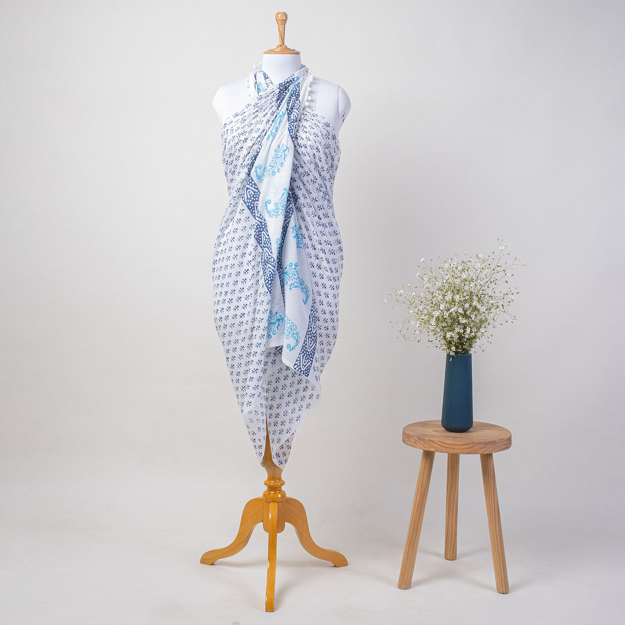 Blue Booti Hand Block Print Sarong For Women