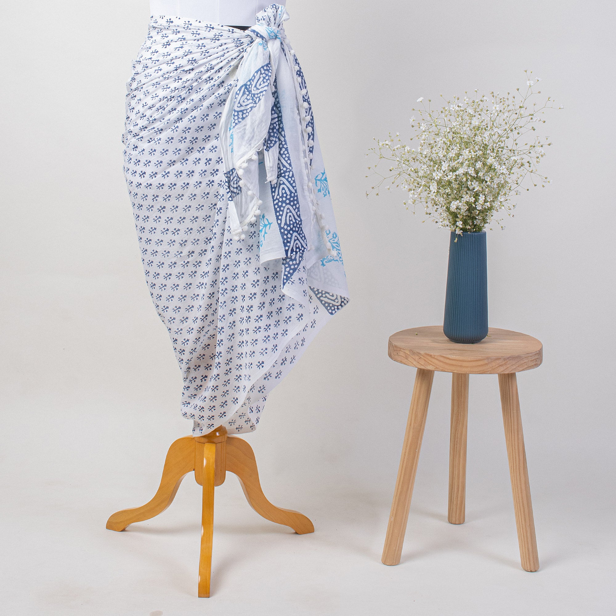 Blue Booti Hand Block Print Sarong For Women