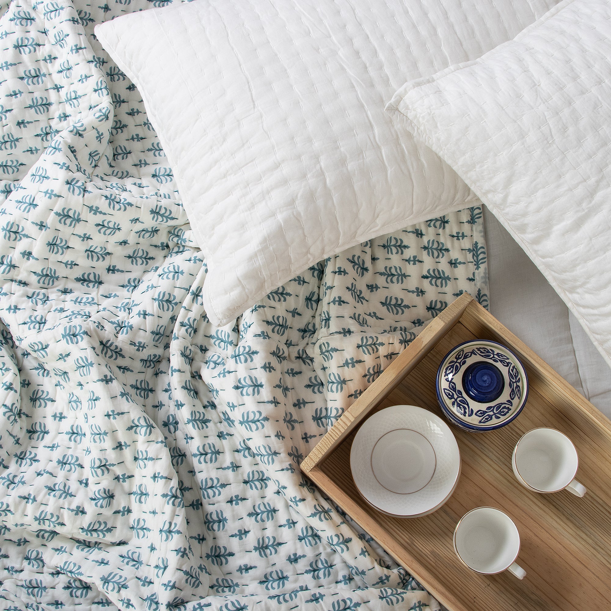 Blue Booti Handmade Indian Cotton Kantha Quilt Blanket