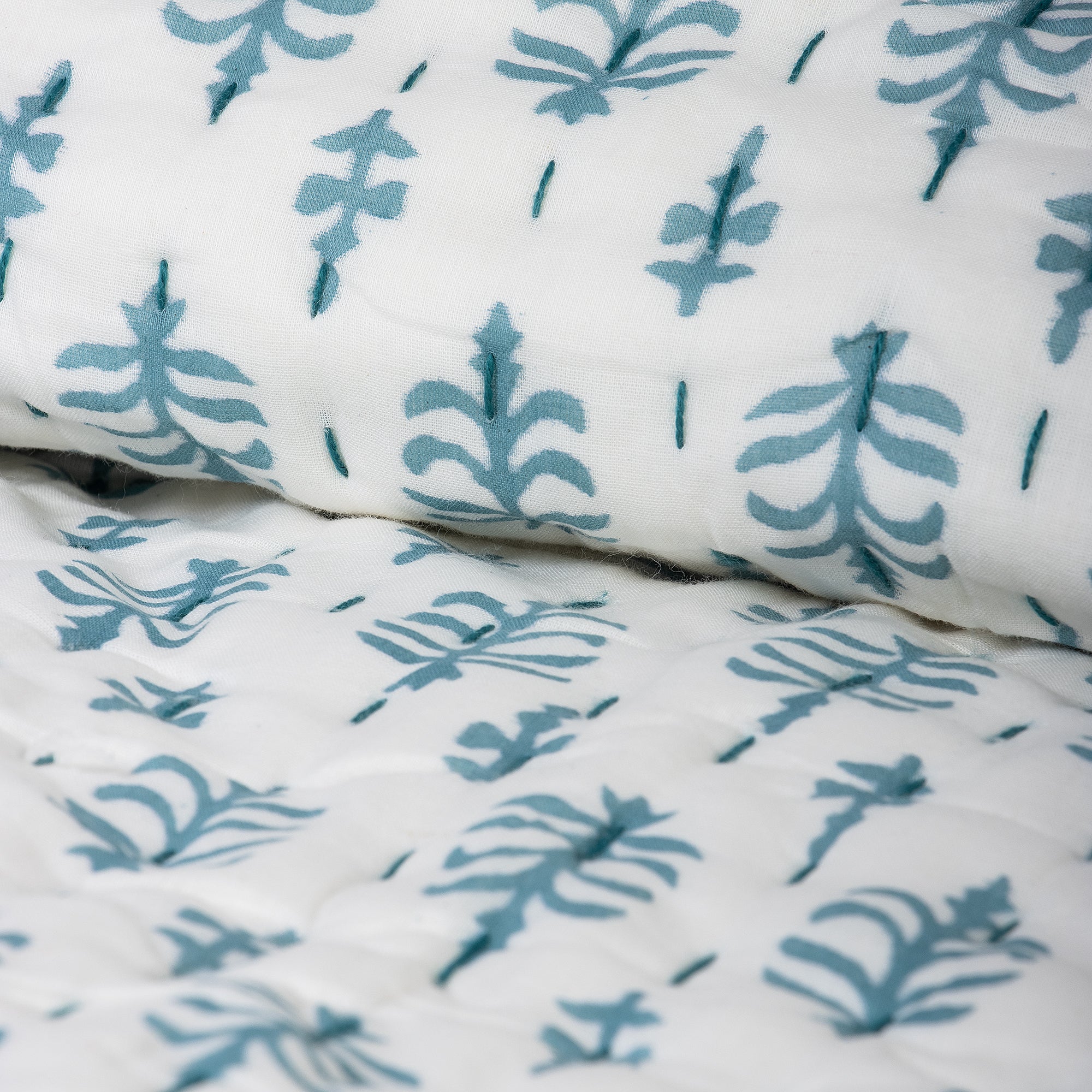 Blue Booti Handmade Indian Cotton Kantha Quilt Blanket