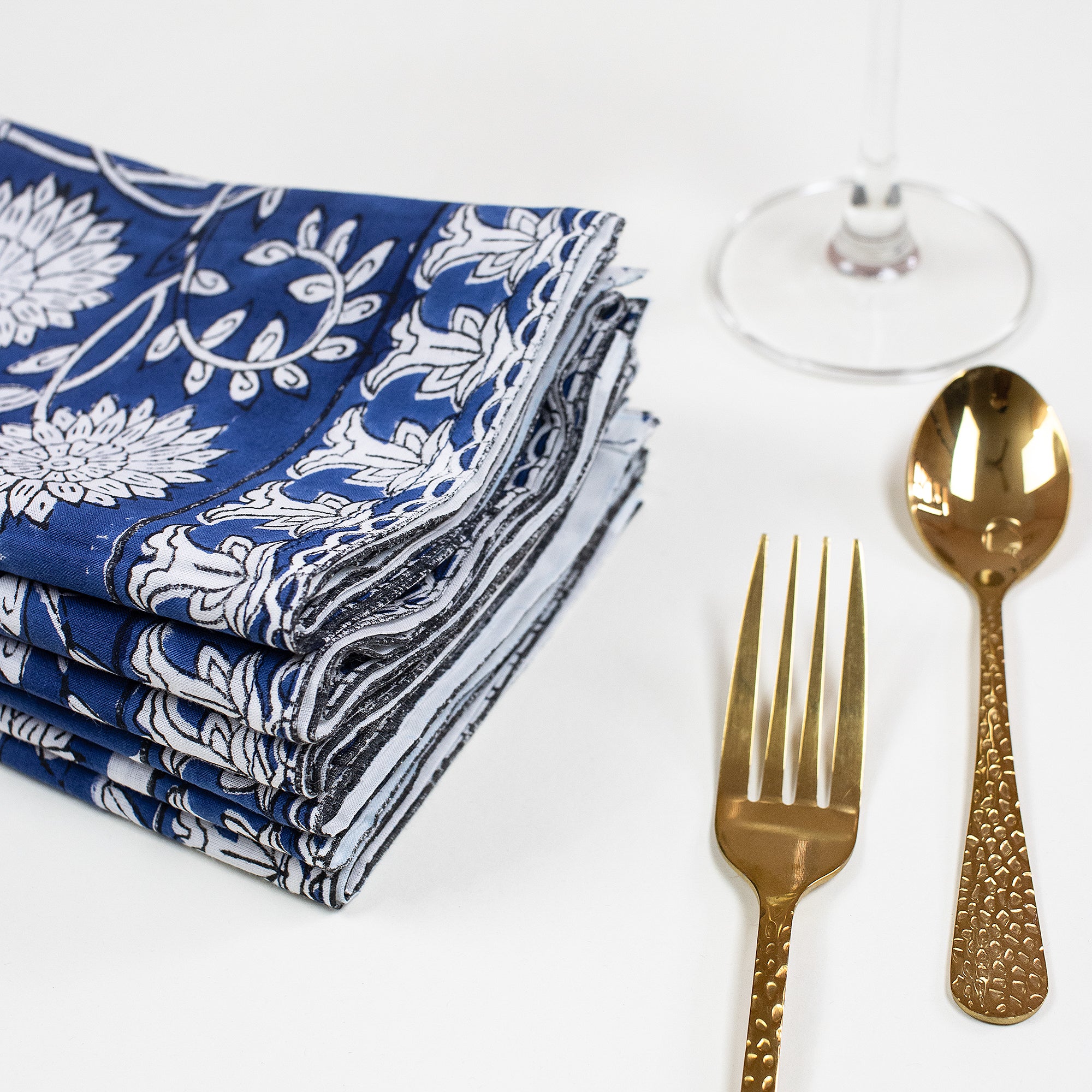 Blue Floral Cotton Block Print Reusable Table Napkins