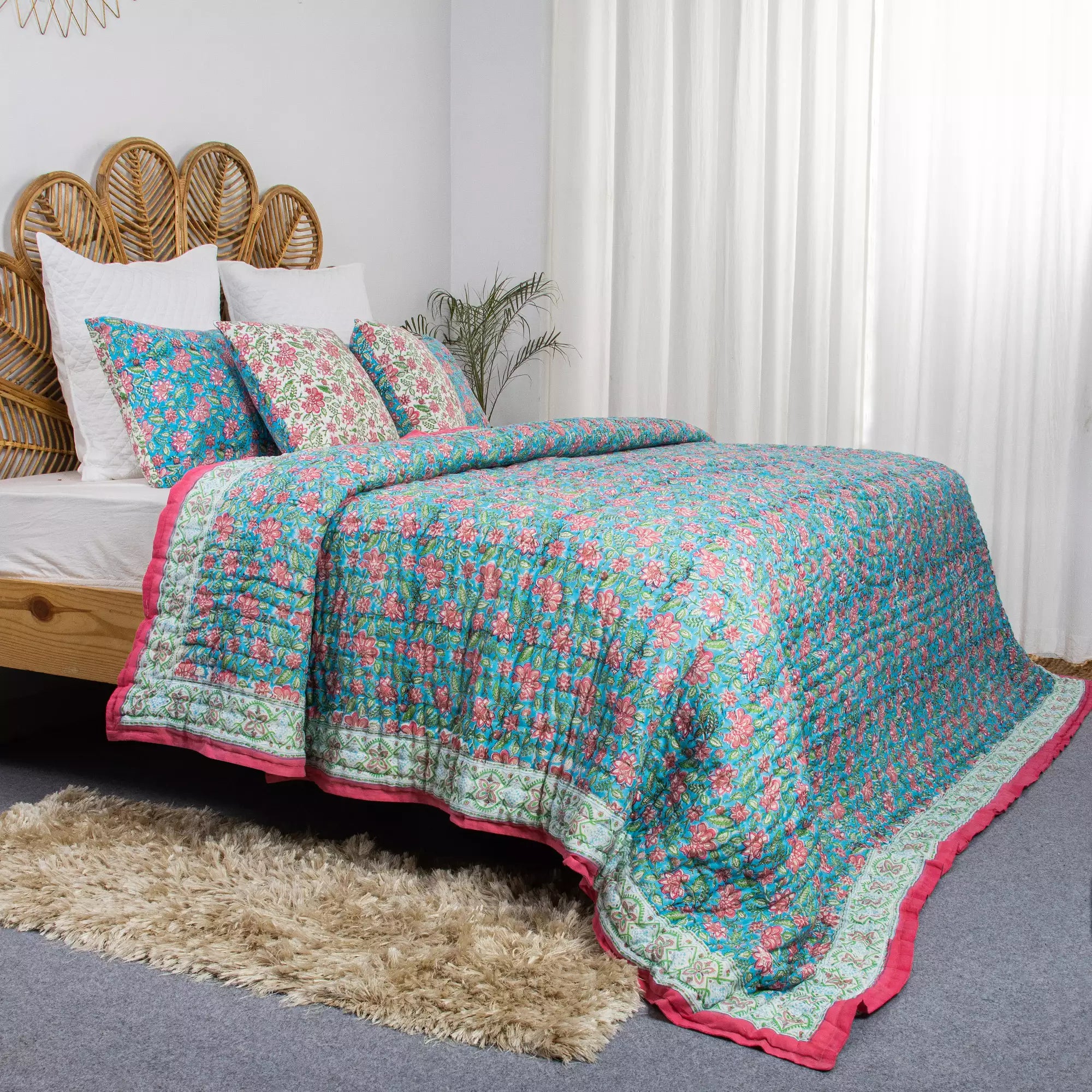 Blue Floral Cotton Hand Block Printed Reversible Jaipuri Razai