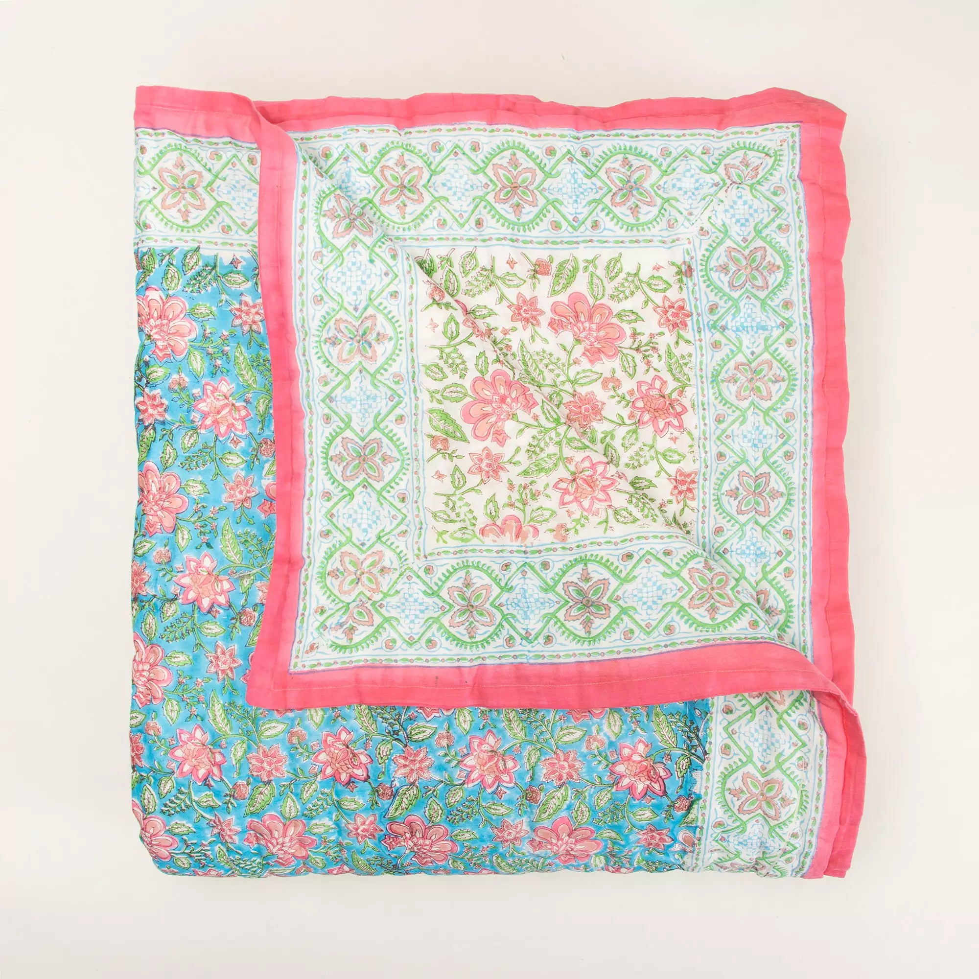 Blue Floral Cotton Hand Block Printed Reversible Jaipuri Razai