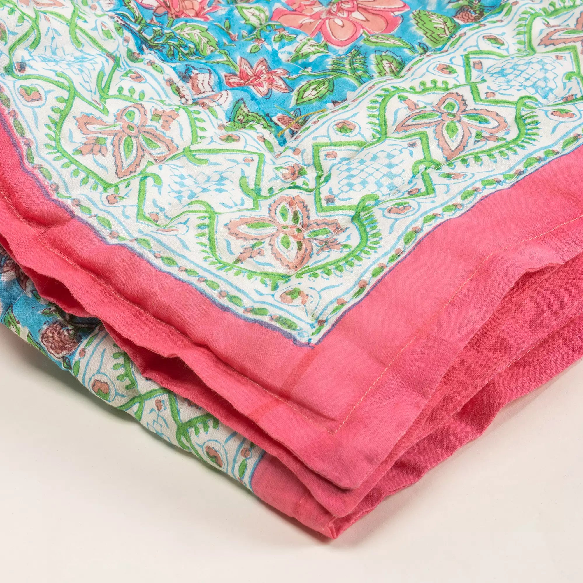 Blue Floral Cotton Hand Block Printed Reversible Jaipuri Razai