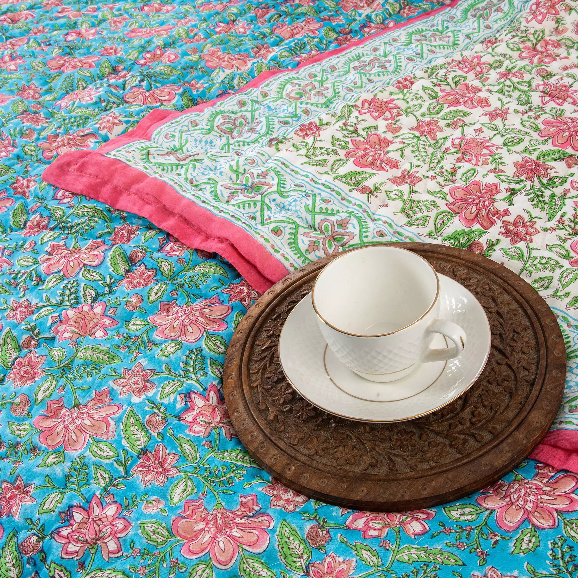 Blue Floral Cotton Hand Block Printed Reversible Jaipuri Razai
