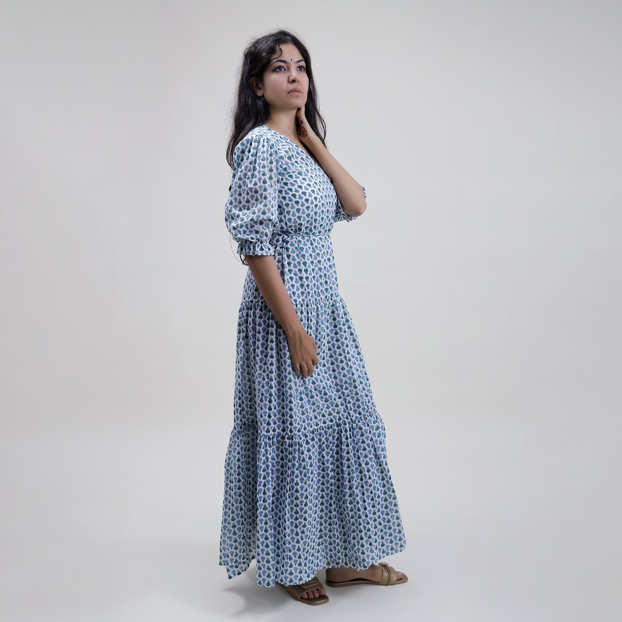 Blue Floral Cotton Womens Soft Midi Dress