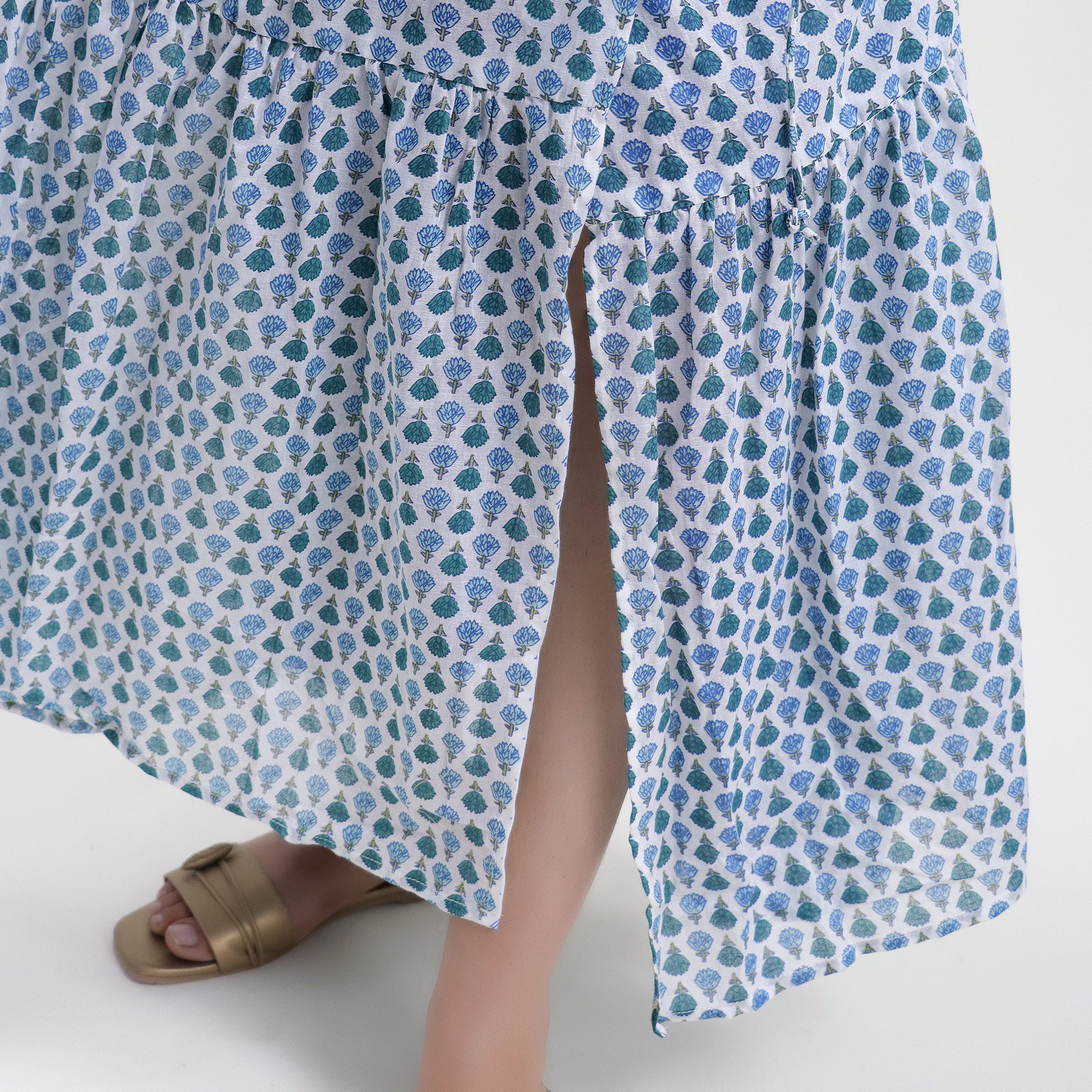 Blue Floral Cotton Womens Soft Midi Dress