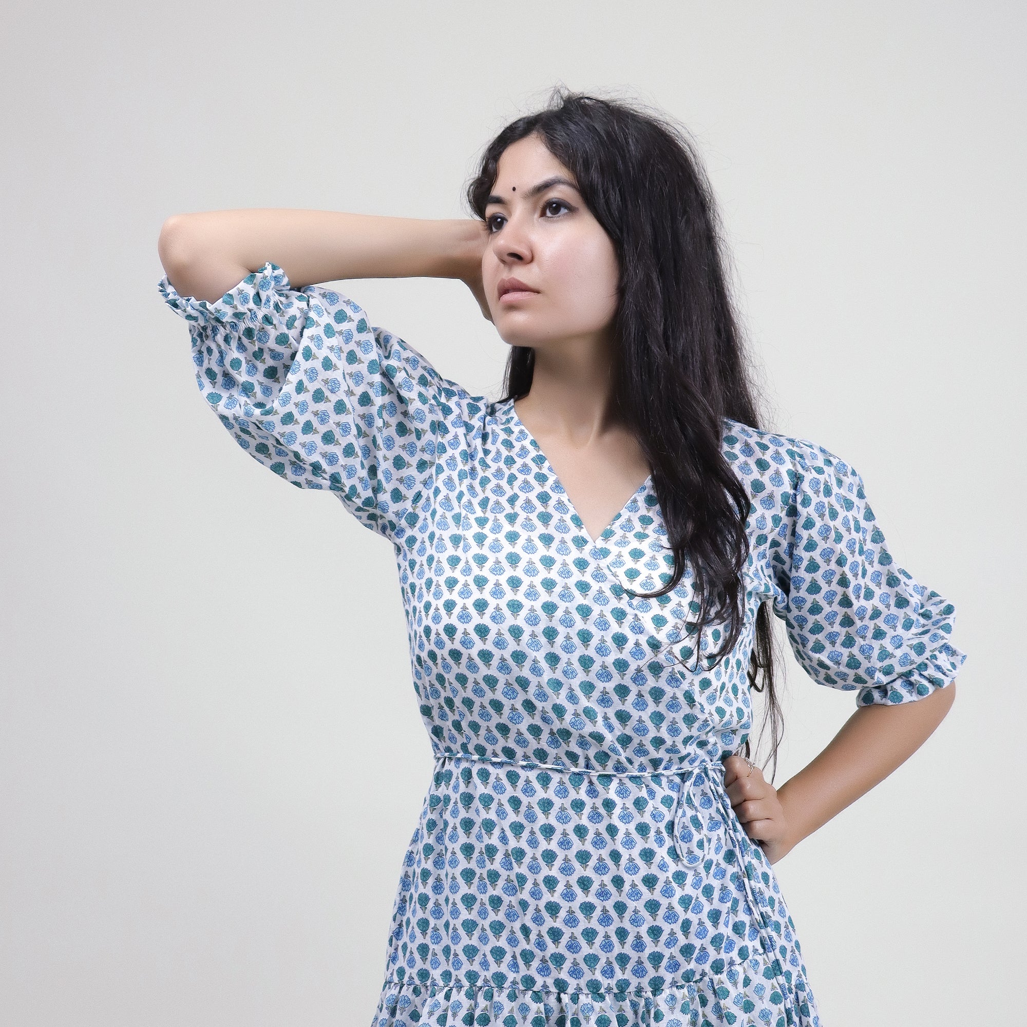 Blue Floral Cotton Womens Soft Midi Dress