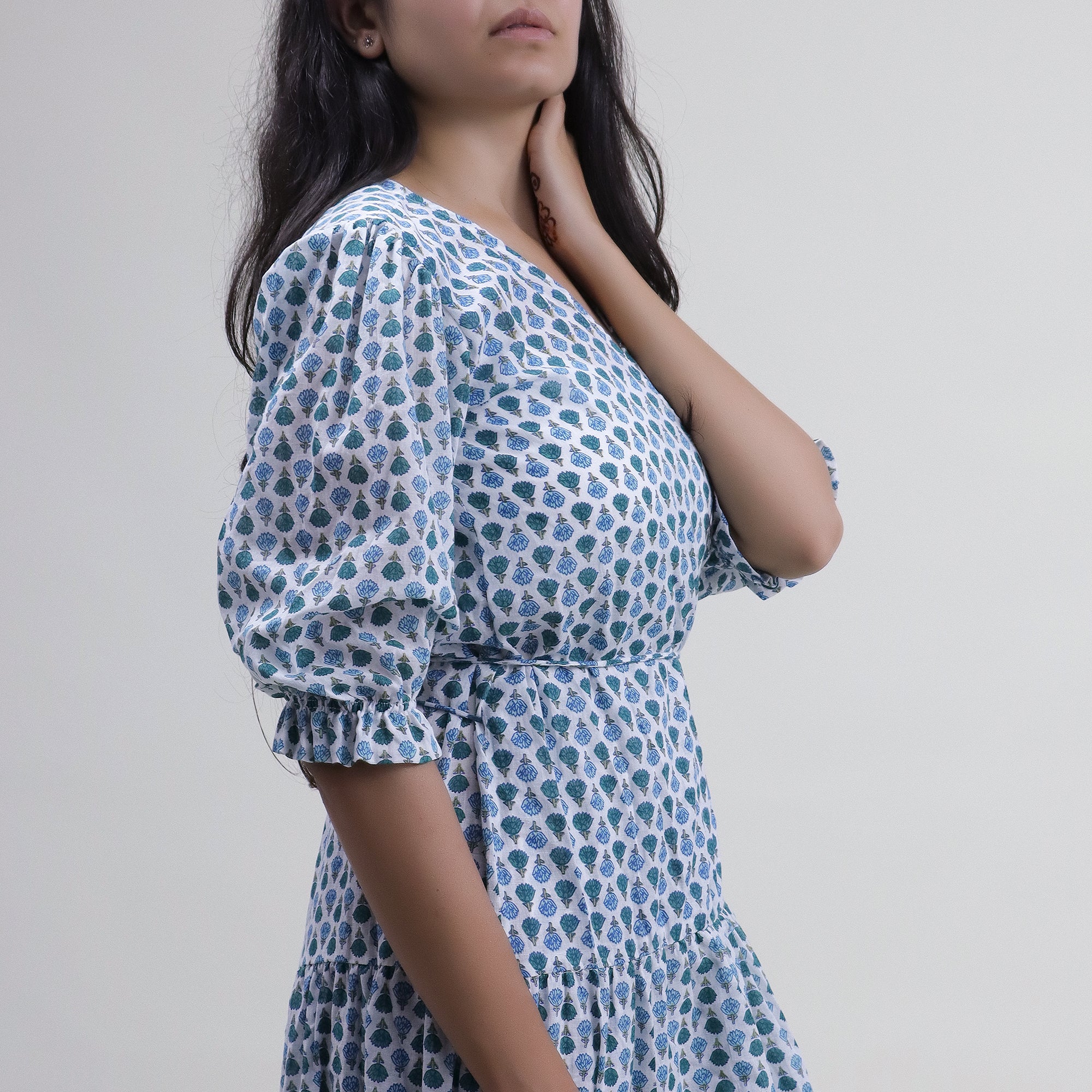 Blue Floral Cotton Womens Soft Midi Dress