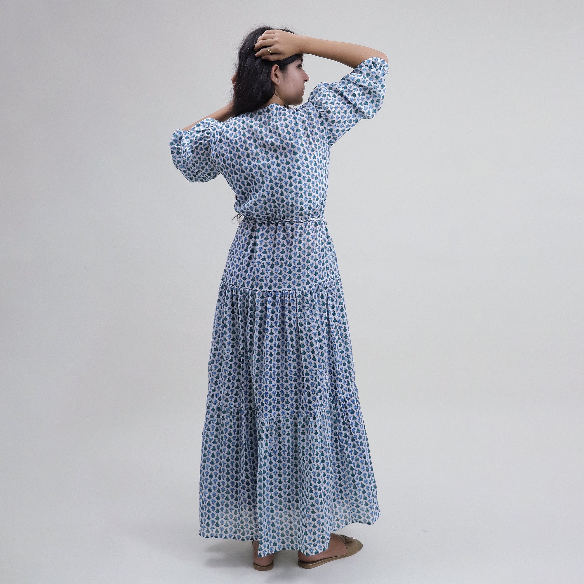 Blue Floral Cotton Womens Soft Midi Dress