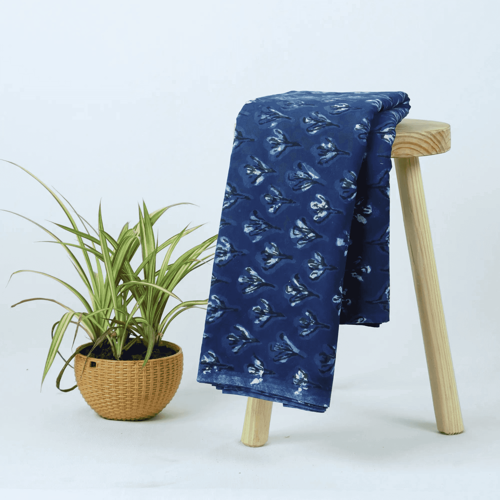 Blue Floral Dabu Hand Block Print Fabric