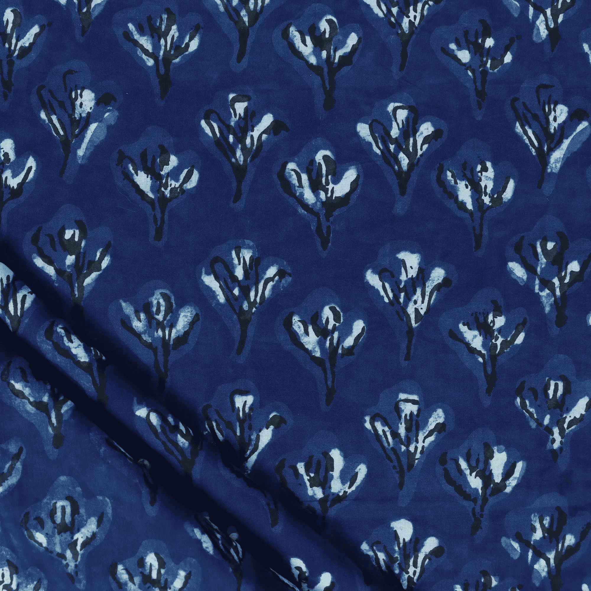 Blue Floral Dabu Hand Block Print Fabric