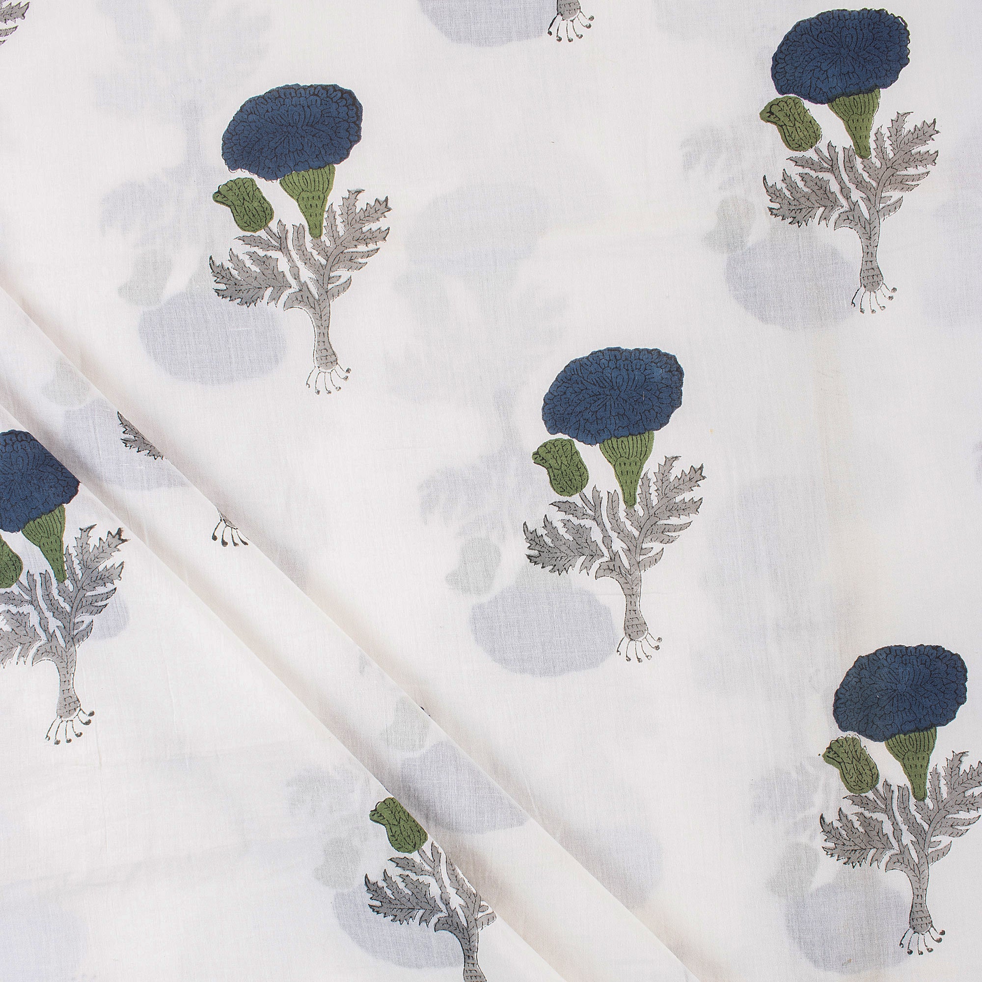 Blue Floral Hand Block Print Cotton Running Fabric