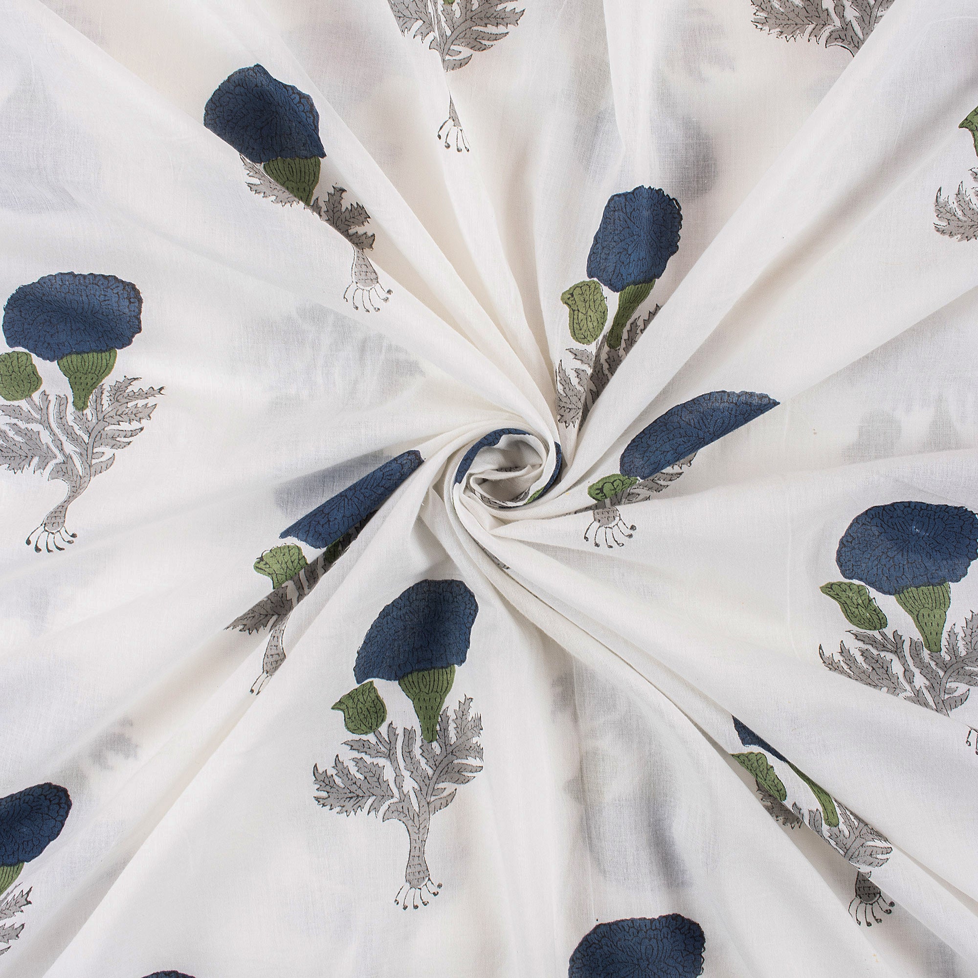 Blue Floral Hand Block Print Cotton Running Fabric
