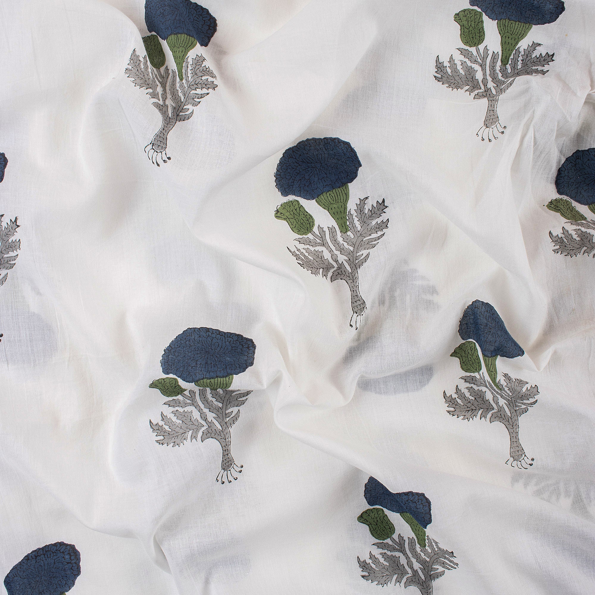 Blue Floral Hand Block Print Cotton Running Fabric
