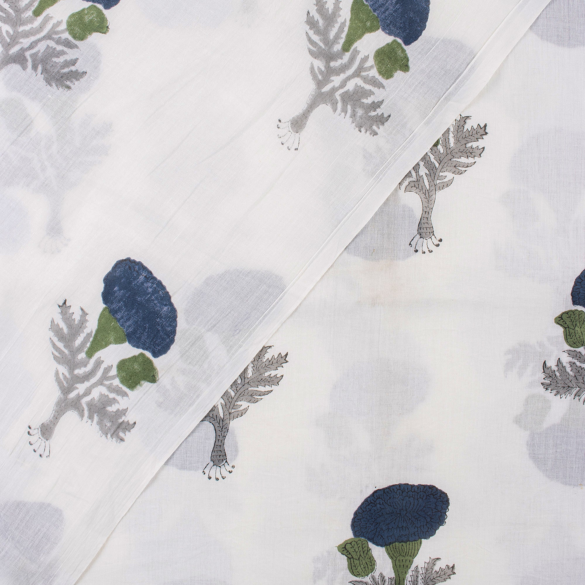 Blue Floral Hand Block Print Cotton Running Fabric