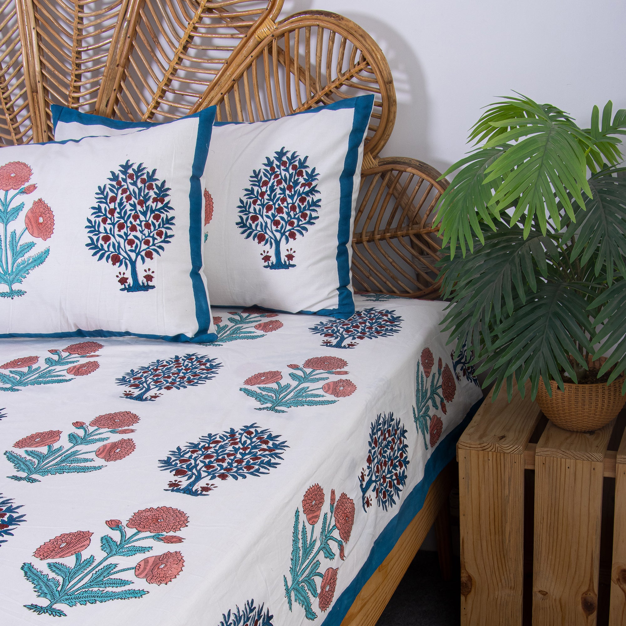 Blue Floral Hand Block Print Cotton Soft Bed Sheet