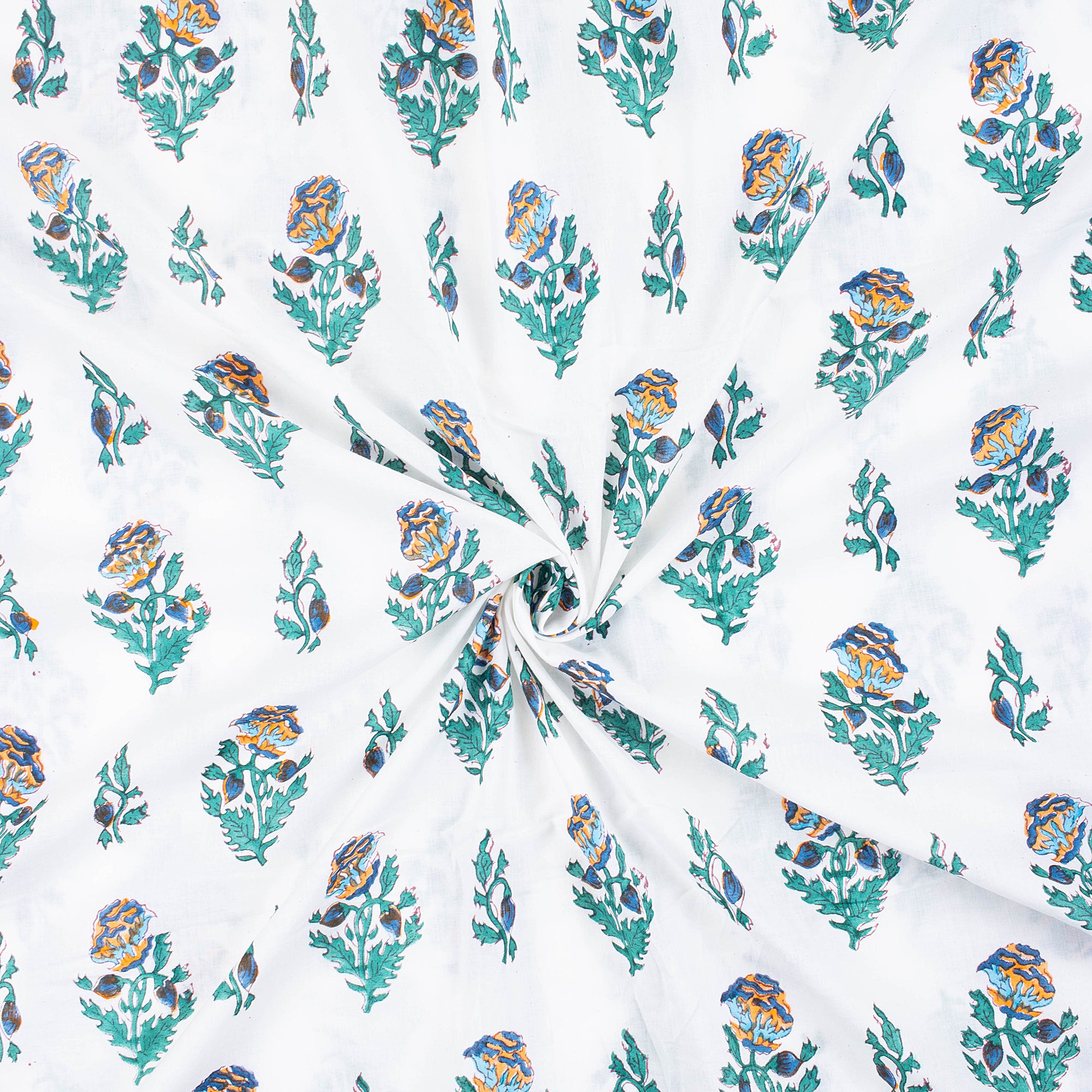Blue Floral Hand Block Printed Cotton Running Fabric