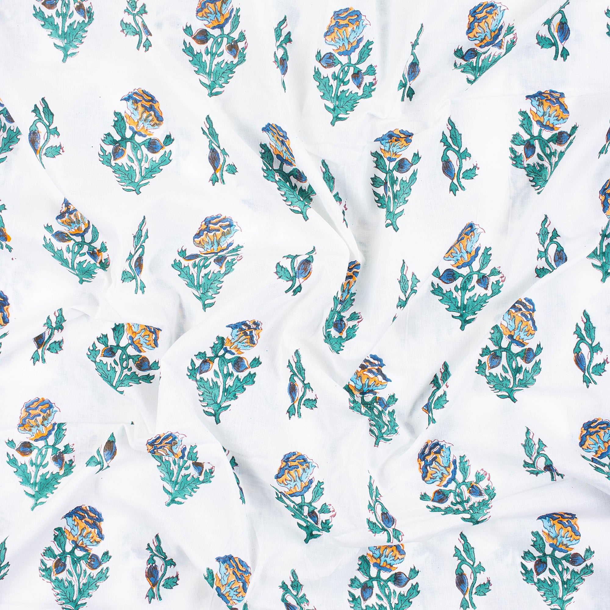 Blue Floral Hand Block Printed Cotton Running Fabric