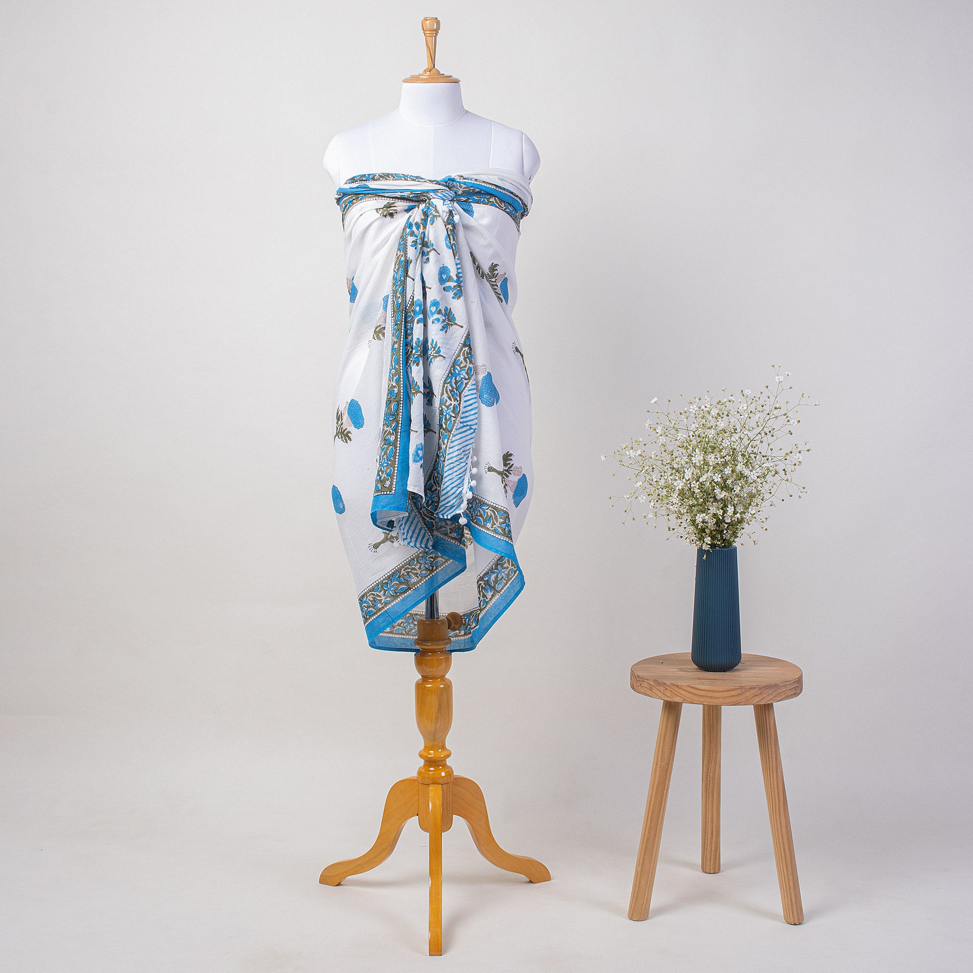 Blue Floral Hand Block Printed Cotton Sarong For Women