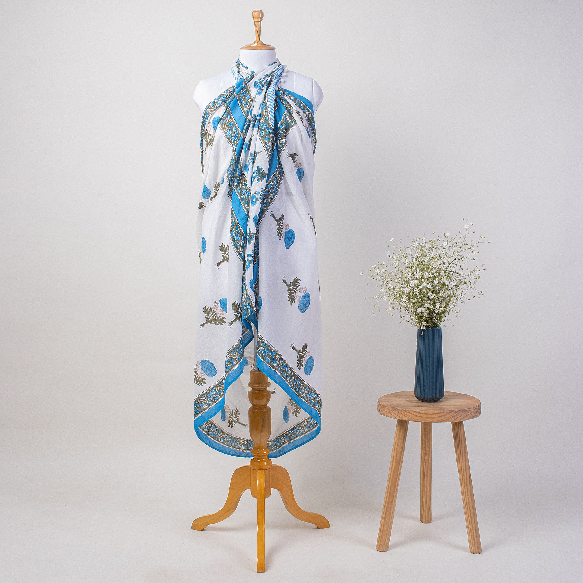 Blue Floral Hand Block Printed Cotton Sarong For Women