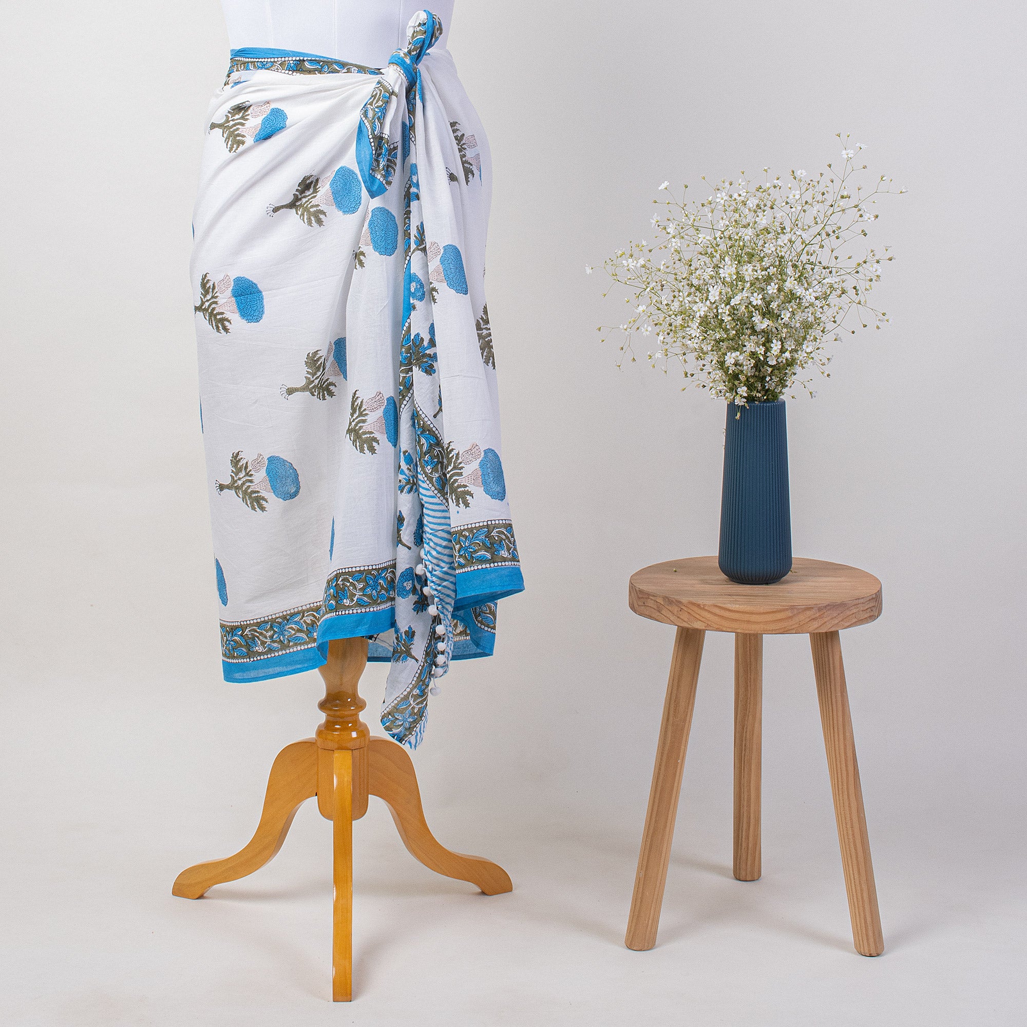 Blue Floral Hand Block Printed Cotton Sarong For Women