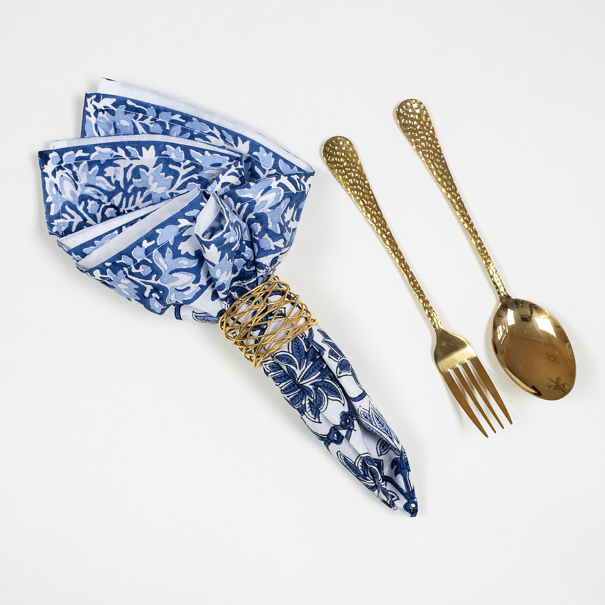 Blue Floral Hand Block Printed Cotton Table Napkin