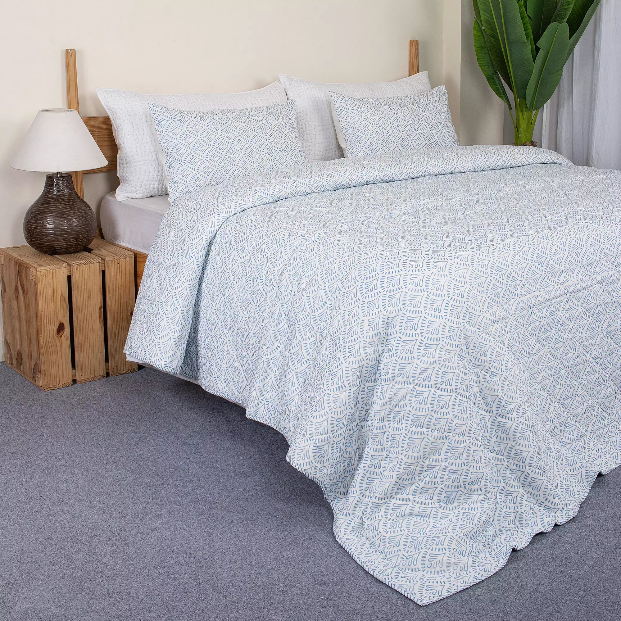 Blue Floral Hand Block Printed Machine Quilts Best Cotton Blanket