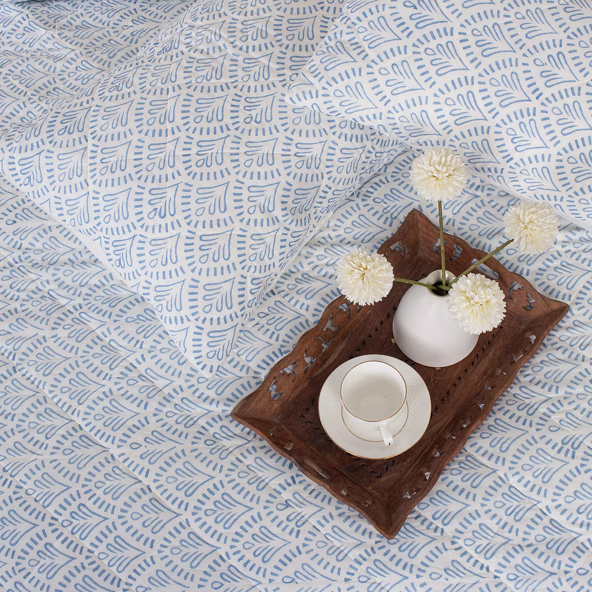 Blue Floral Hand Block Printed Machine Quilts Best Cotton Blanket