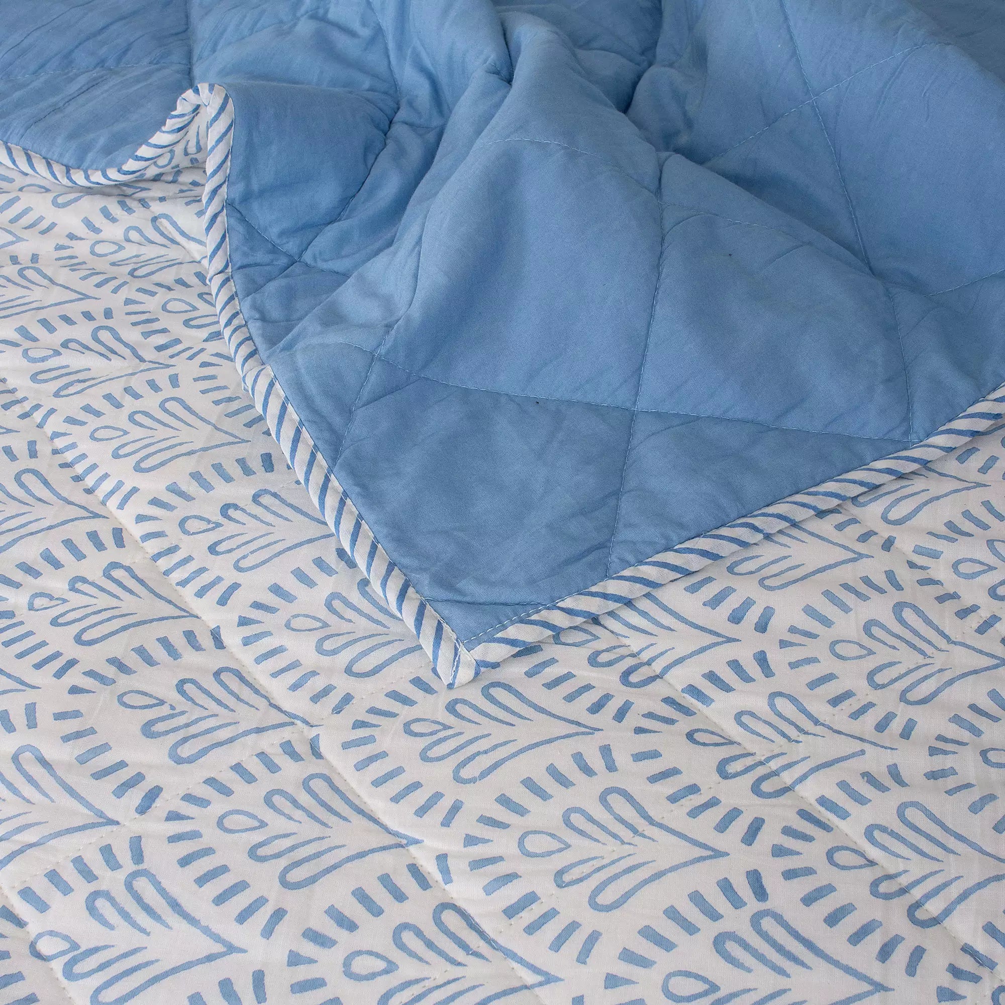 Blue Floral Hand Block Printed Machine Quilts Best Cotton Blanket