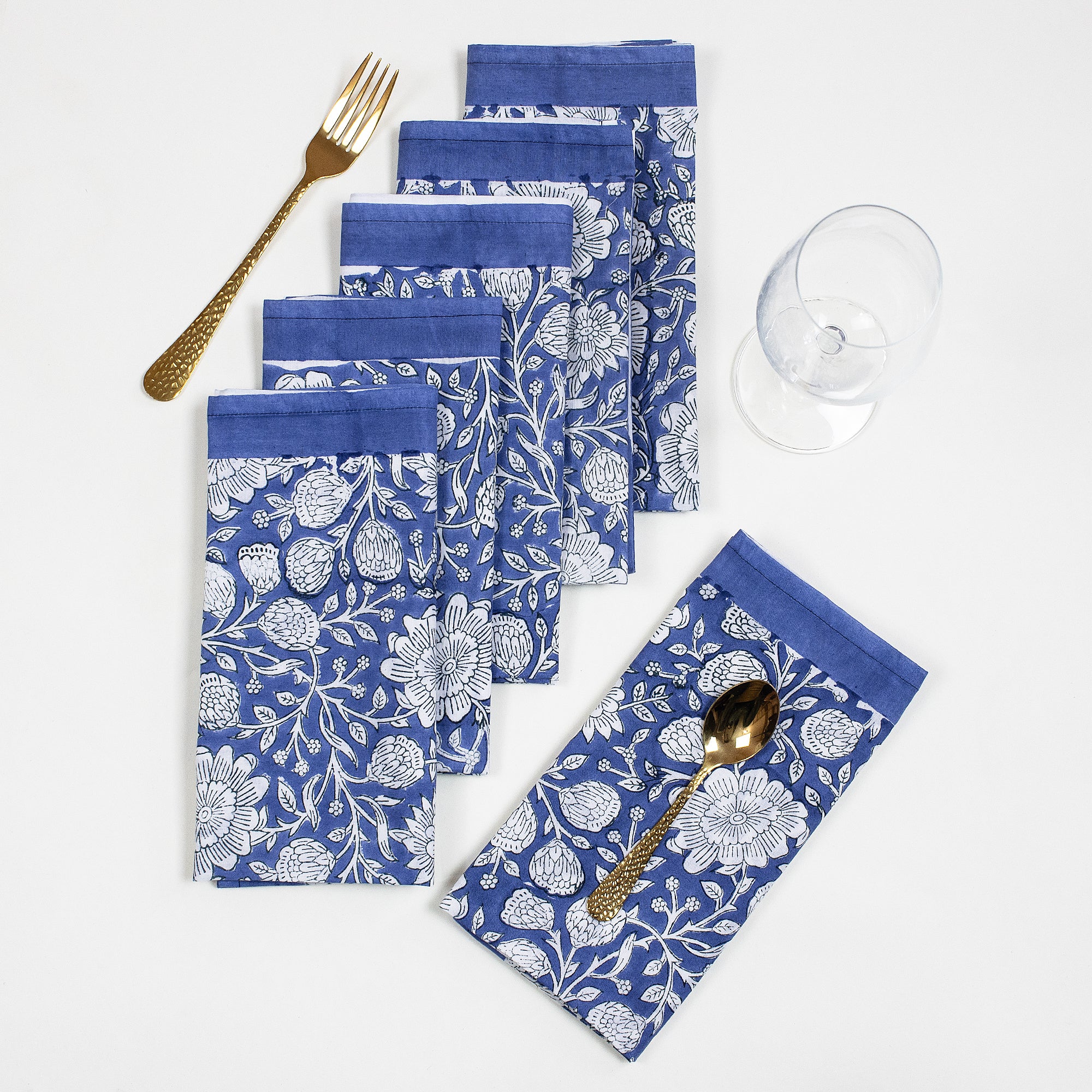 `Blue Floral Hand Block Printed Pure Cotton Table Napkin