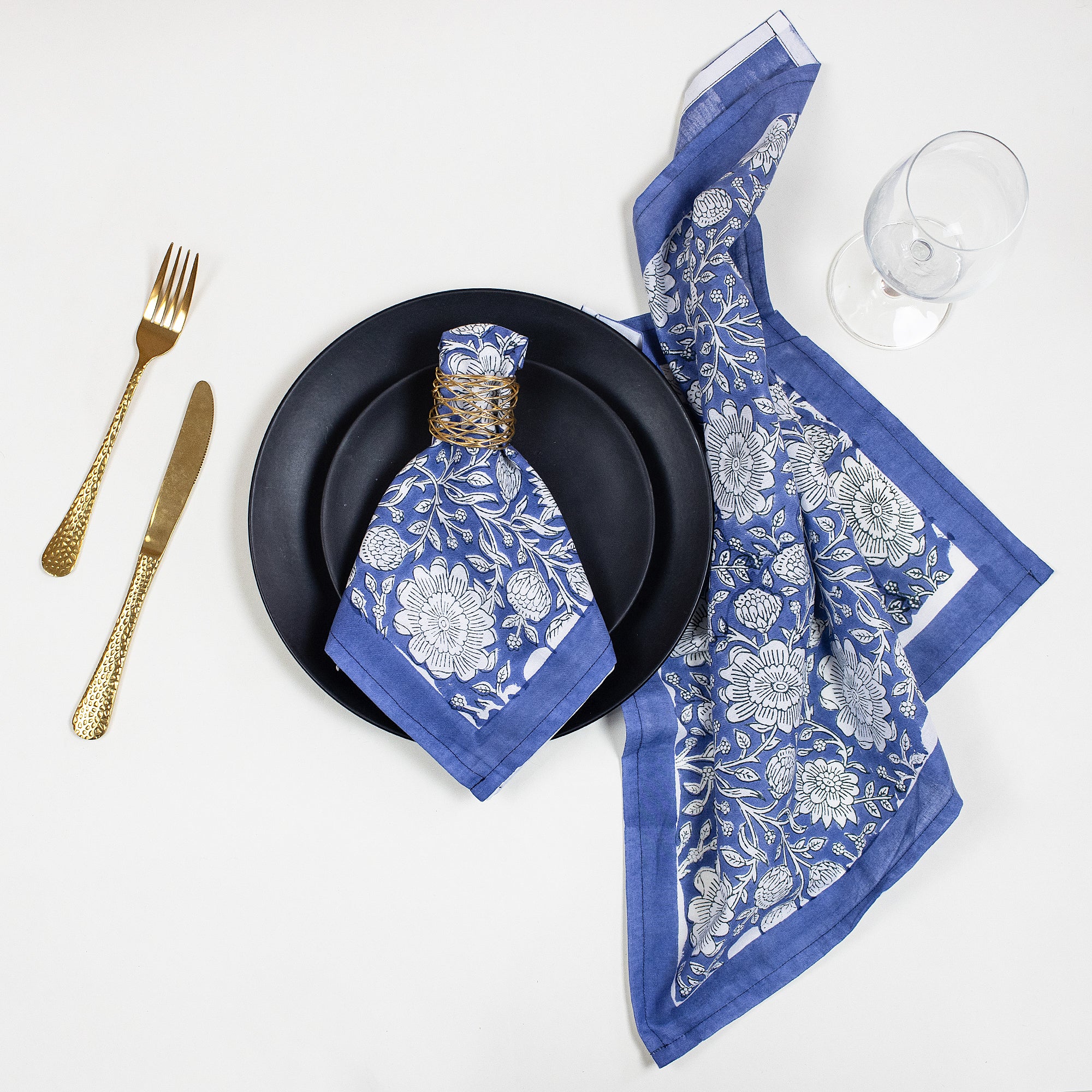 Blue Floral Hand Block Printed Pure Cotton Table Napkin