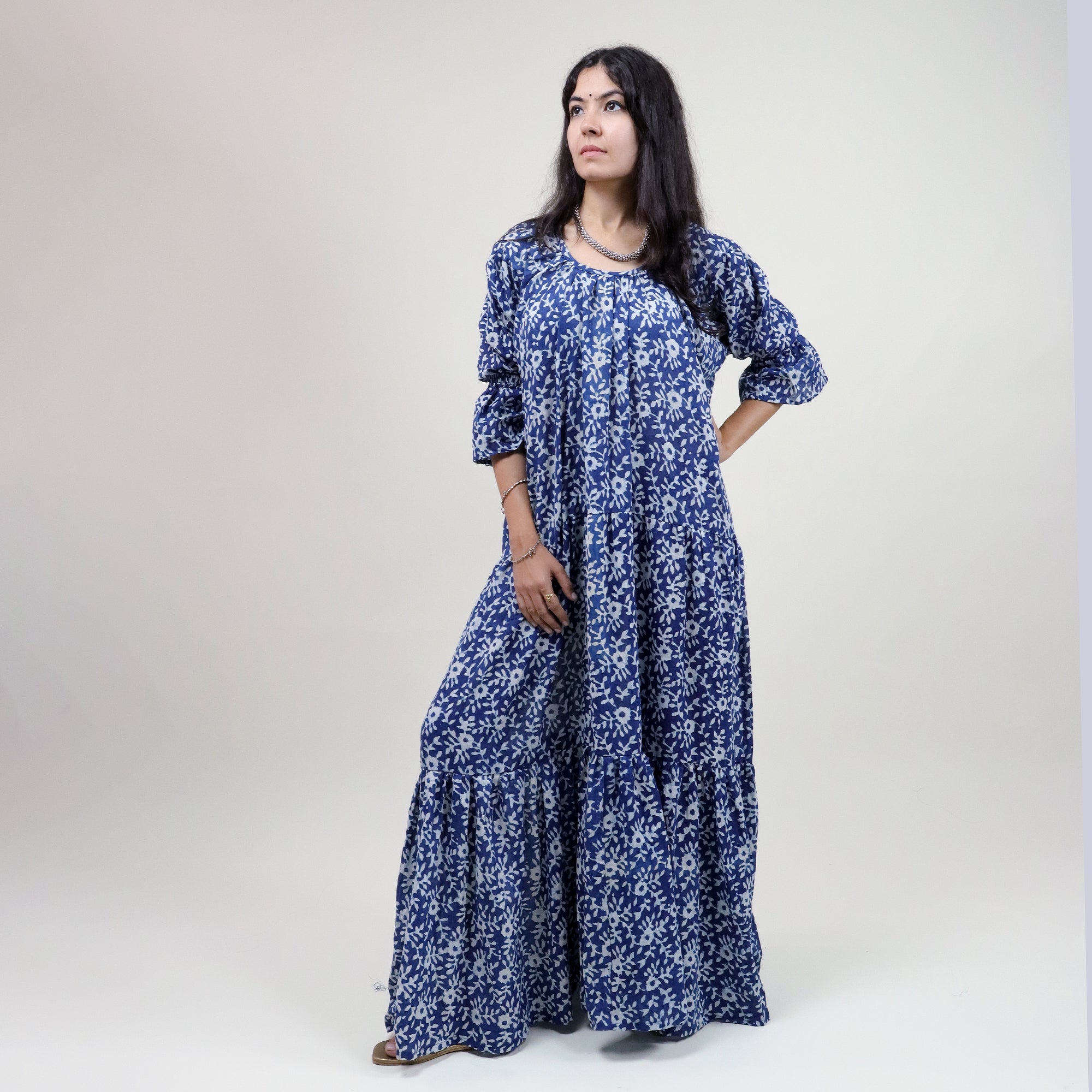 Blue Floral Indian Casual Midi Dress