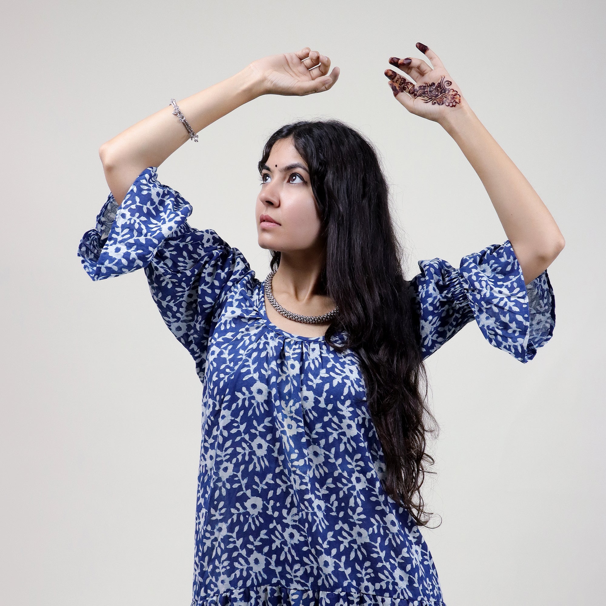 Blue Floral Indian Casual Midi Dress