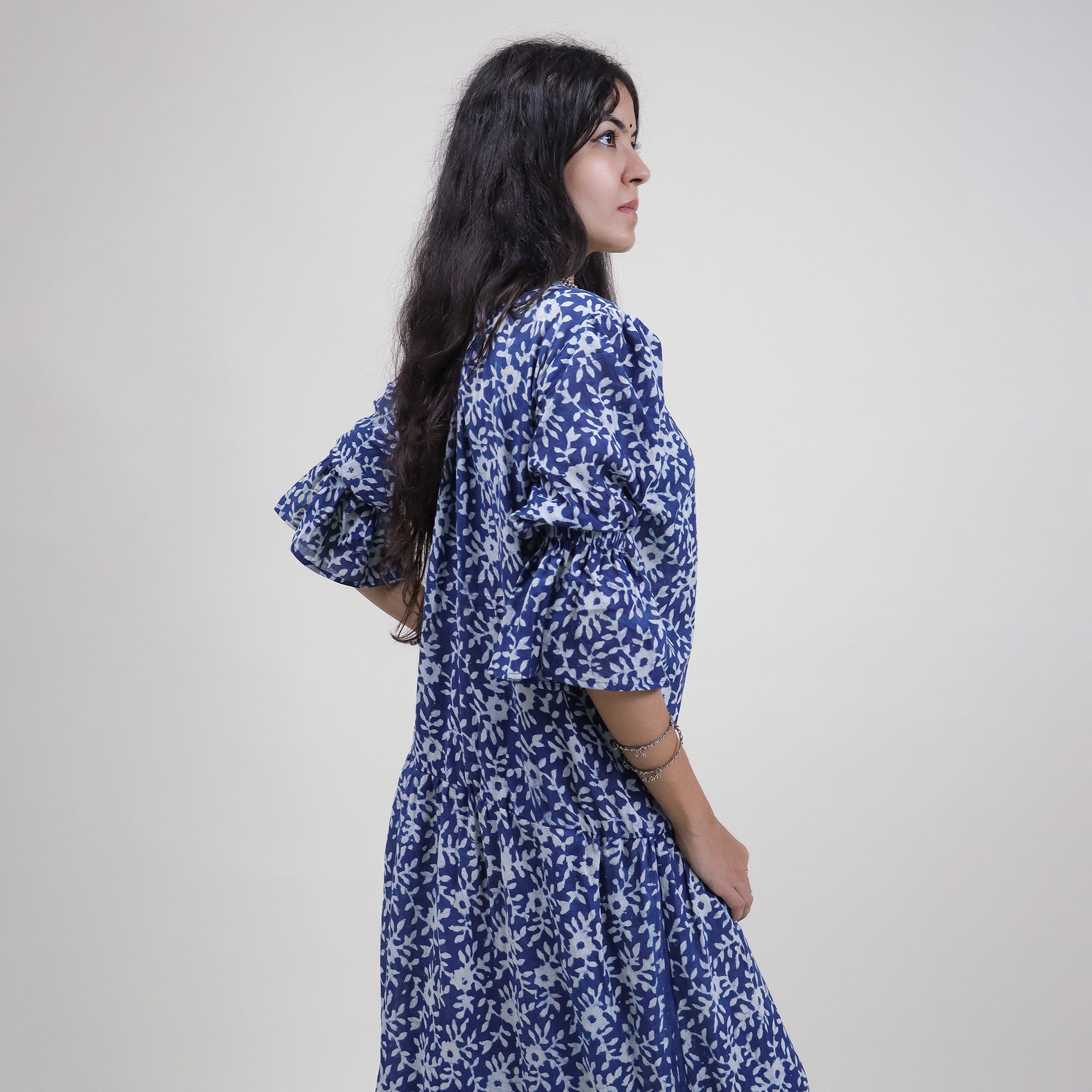 Blue Floral Indian Casual Midi Dress