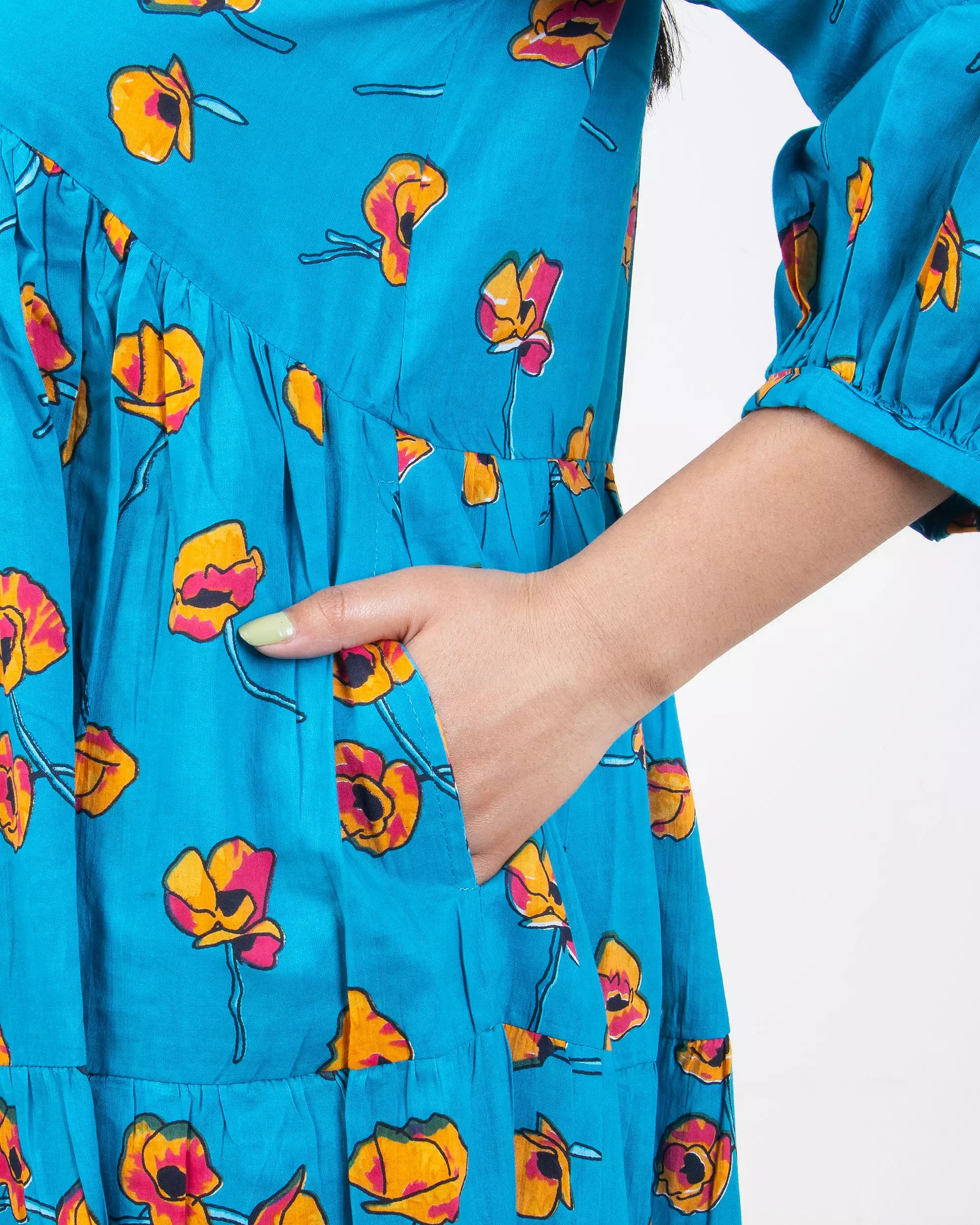Blue Floral Maxi Dress Hand Block Printed In India