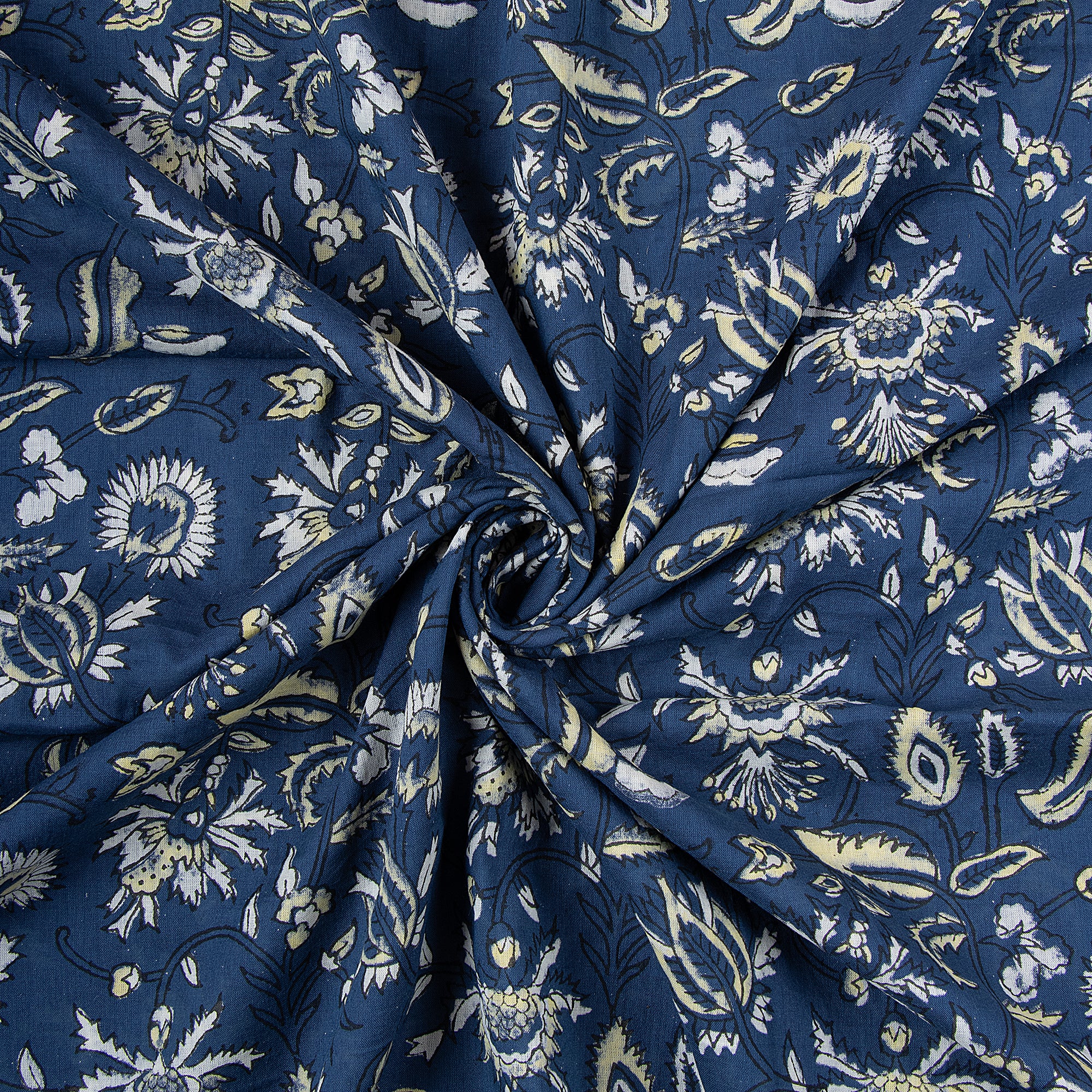 Blue Floral Pure Cotton Hand Block Print Dabu Fabric